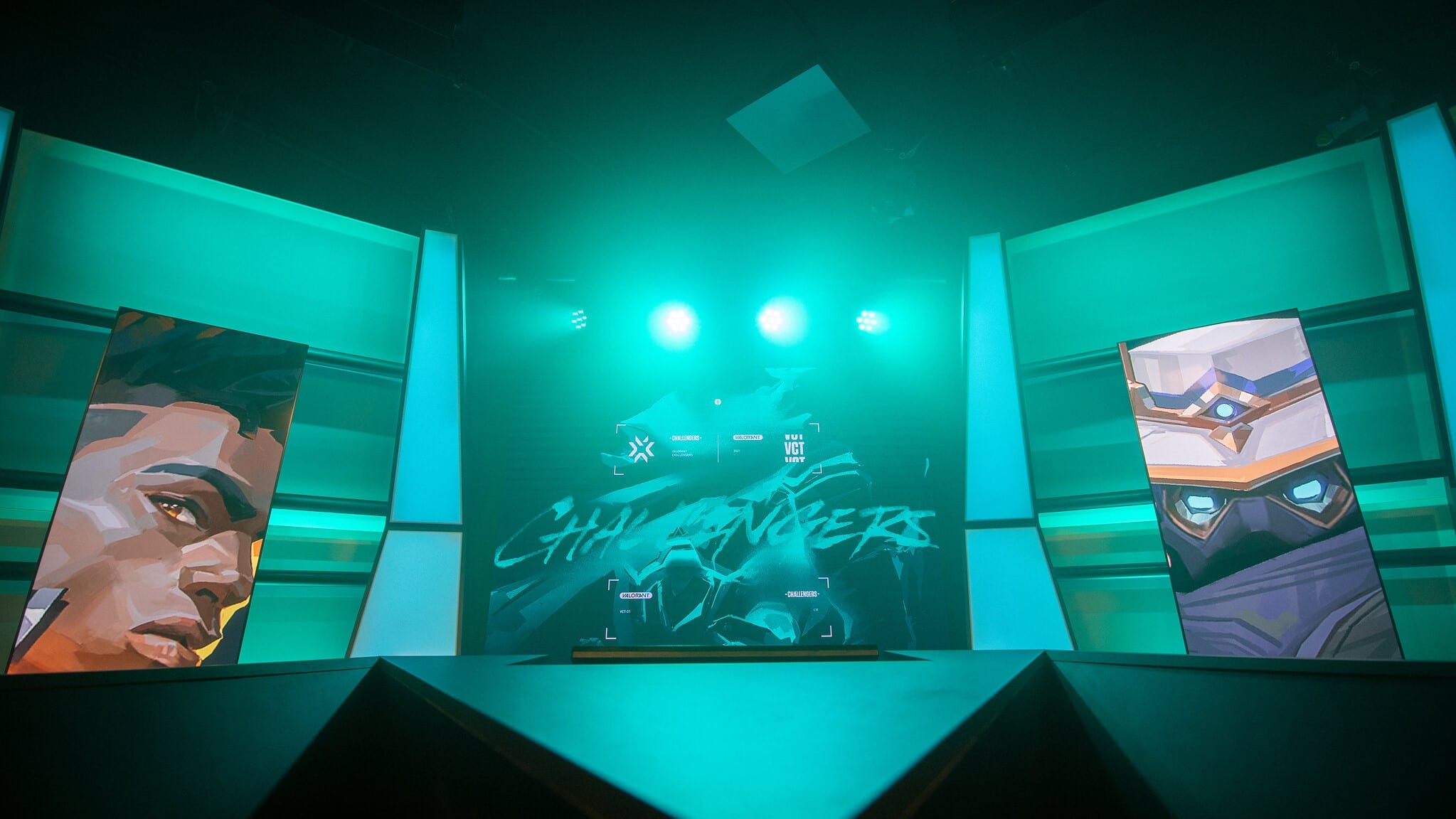Andbox upset Sentinels on the VALORANT Champions stage. Picture of the EU VALORANT studio bathed in green light