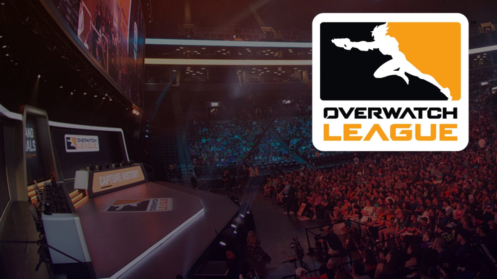 an esports arena with the Overwatch logo over it