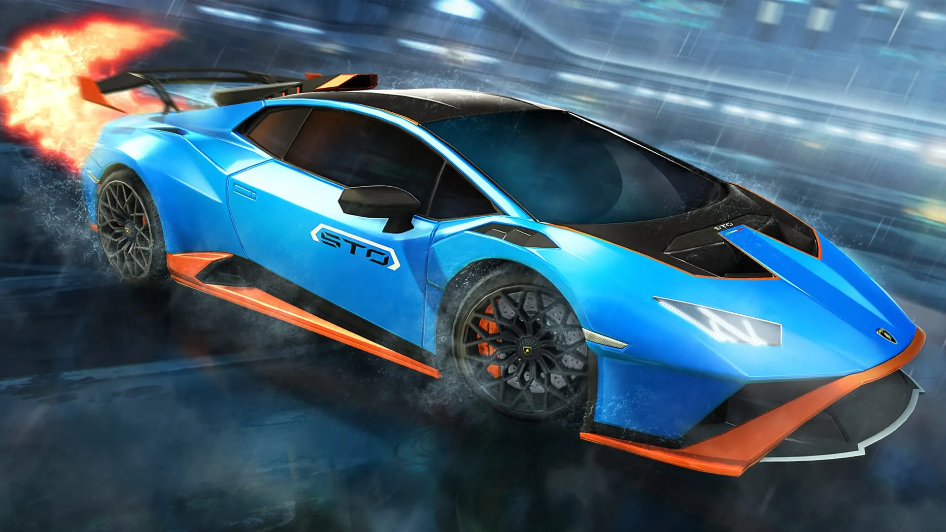 Blue Rocket League Lamborghini racing down the raceway in RLCSX
