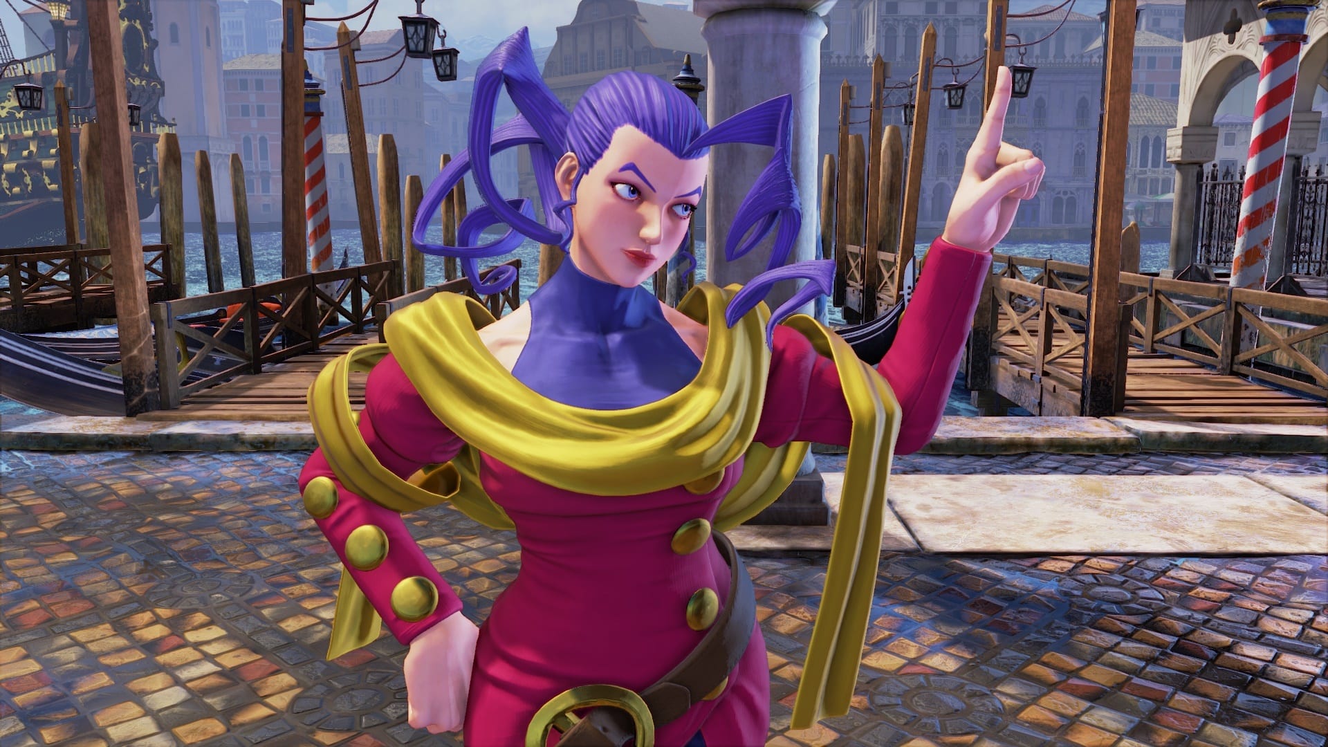 Street Fighter V's Rose posing on her new stage, Marina of Fortune