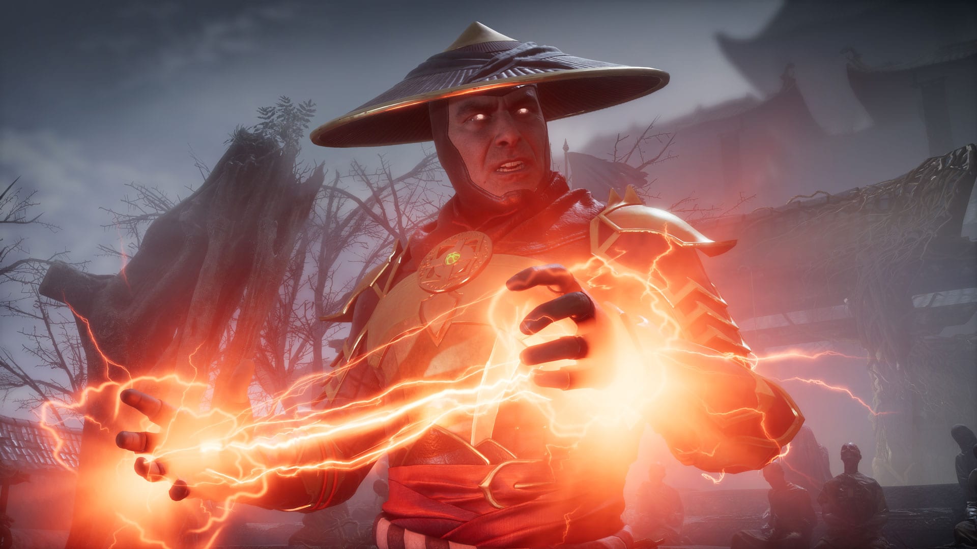A Mortal Kombat character charges fire power in his hands.