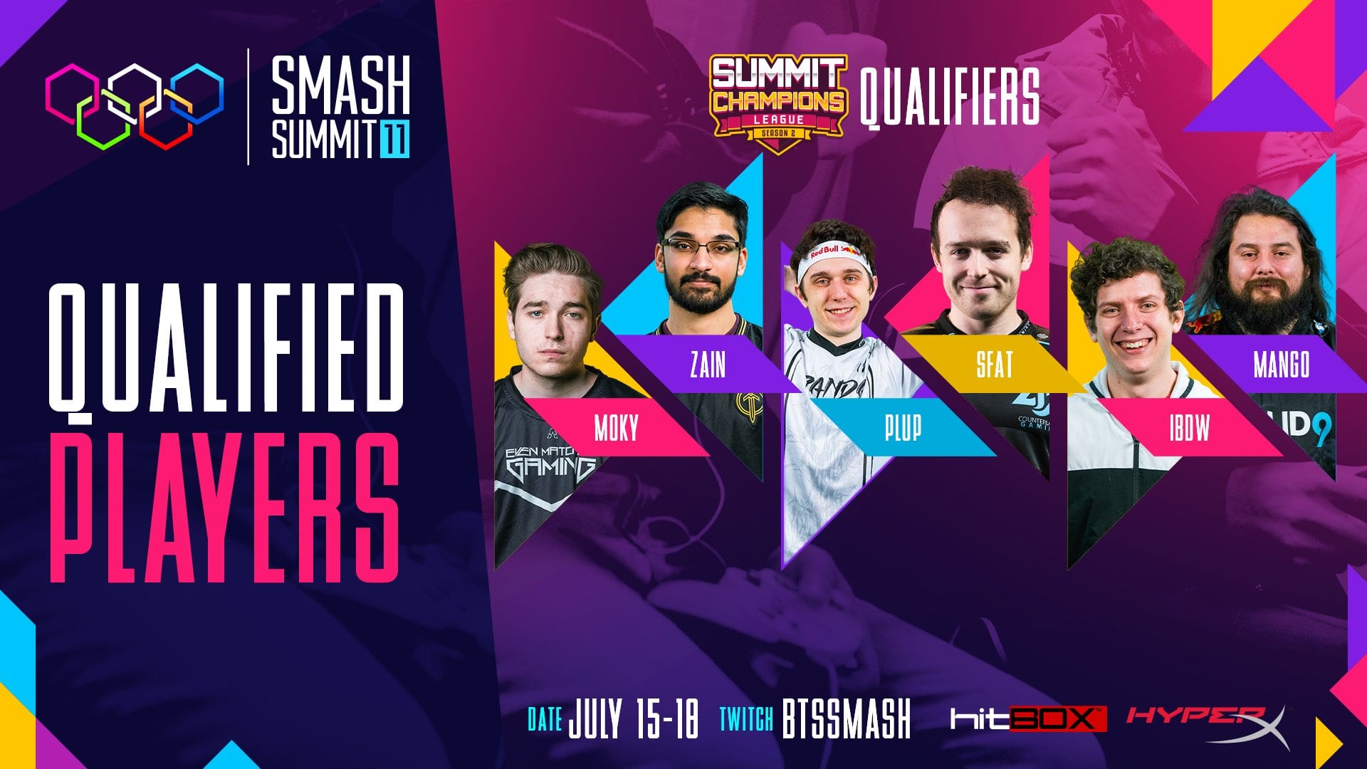 A graphic of the top six players from Summit Champions Week 4, who qualified for Smash Summit 11.