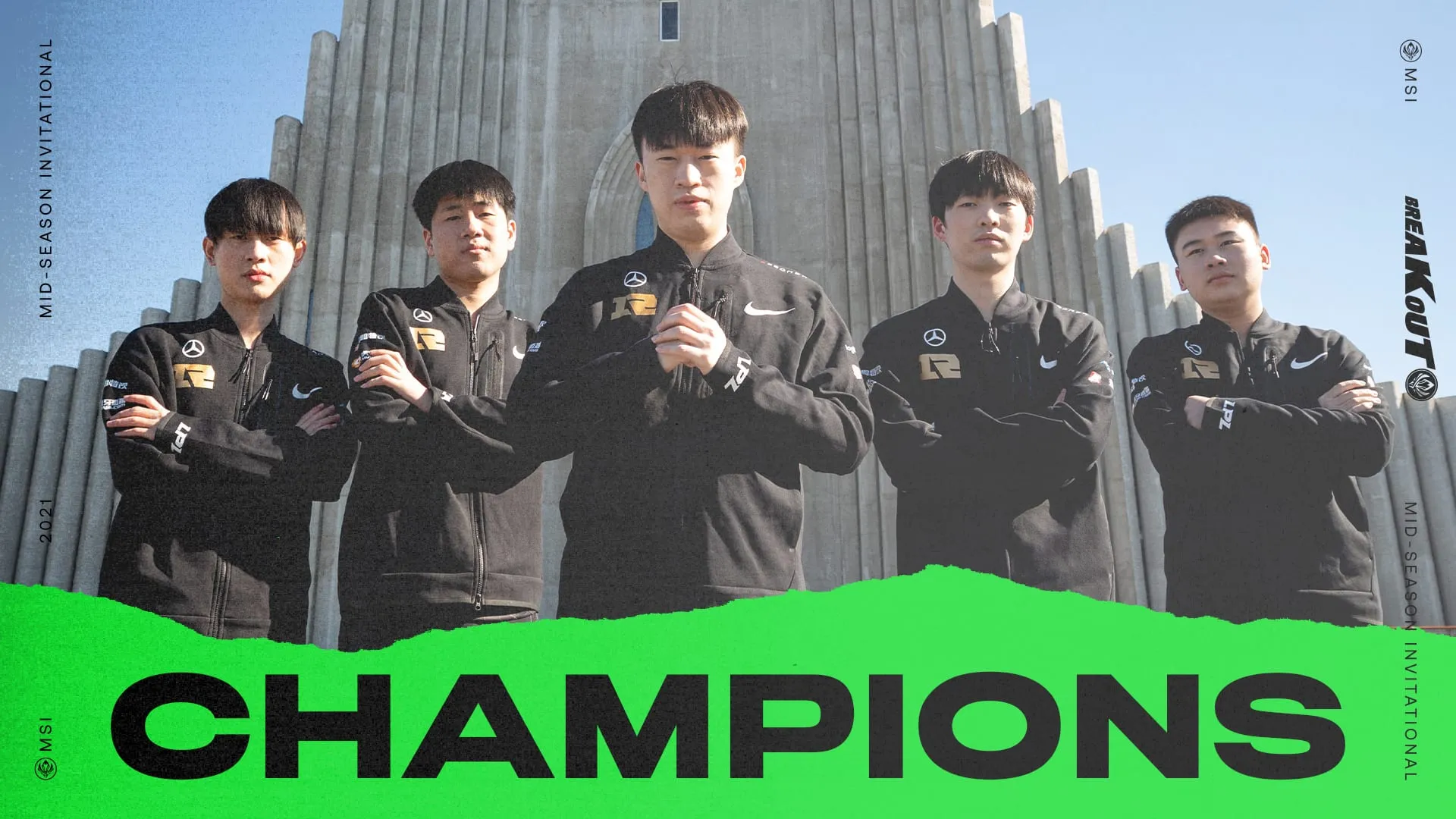 The entire RNG team posing for the camera and Champions imposed on the photo