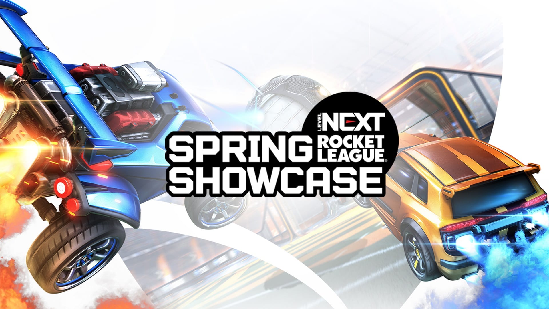 Level Next Rocket League Spring Showcase logo over two battle-cars going for the ball