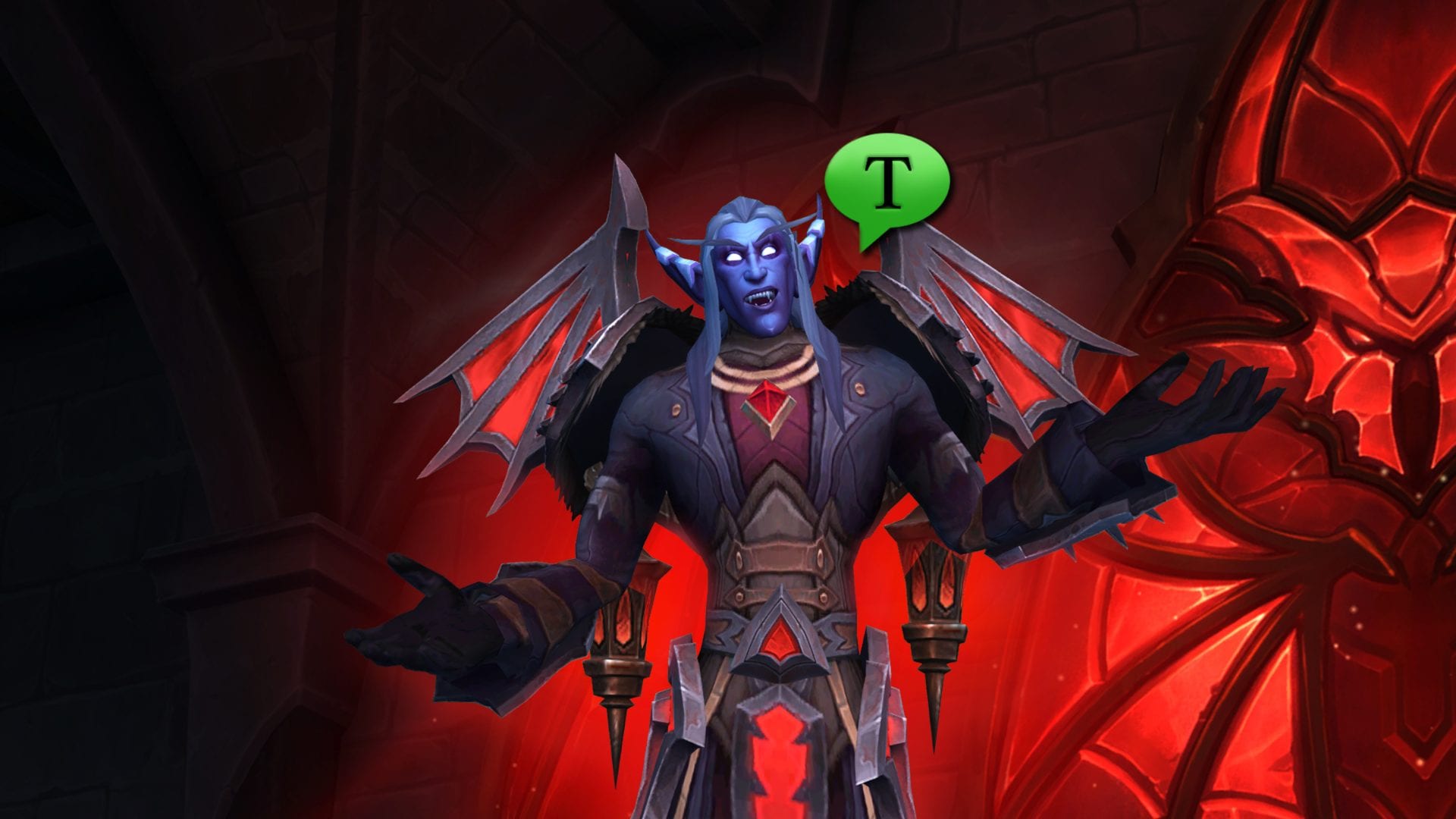Screenshot of a World of Warcraft character with a text bubble above them.