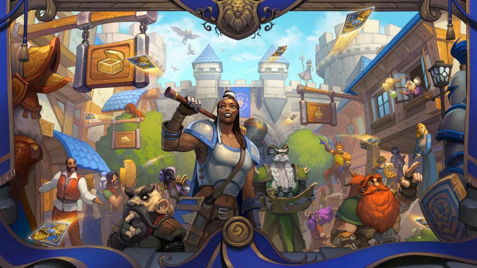 Promotional art for Heathstone Battlegrounds featuring several characters