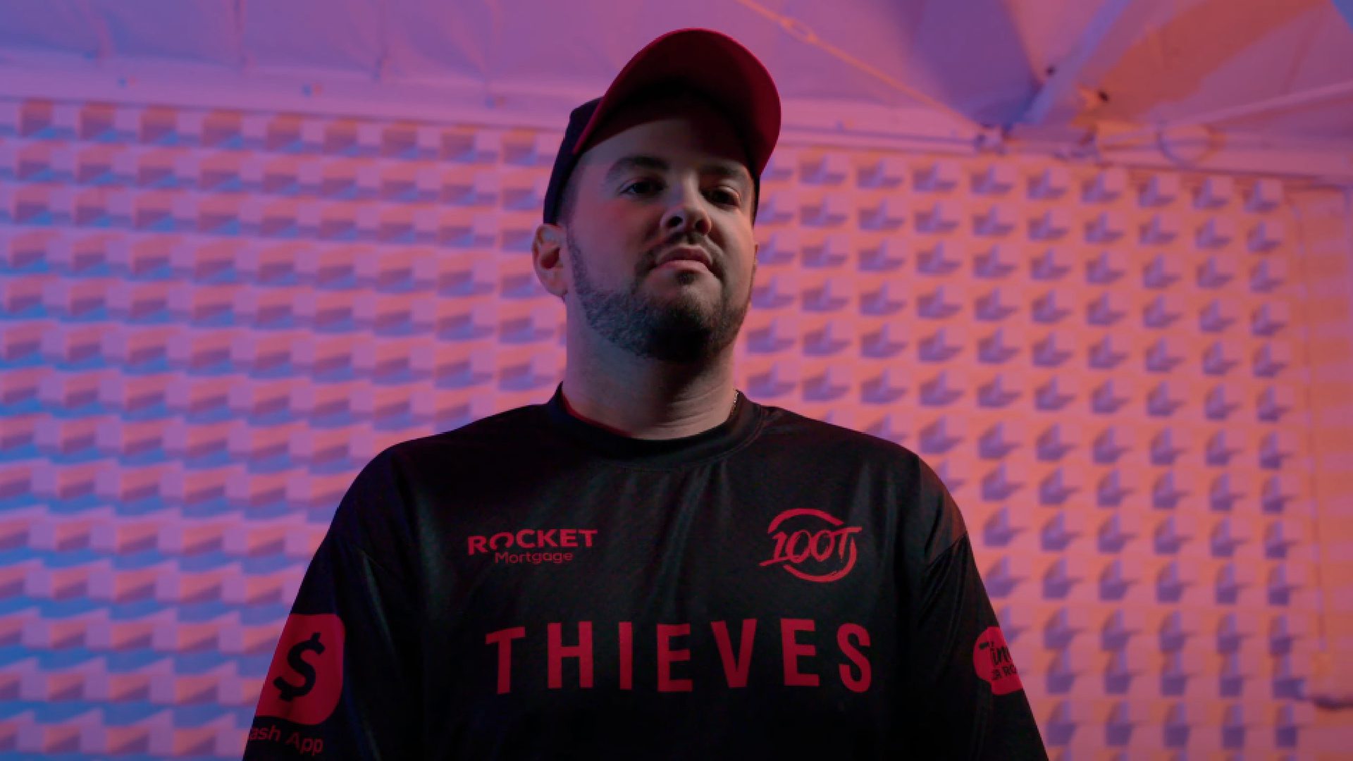 100 Thieves Hiko showcasing their playoff jersey for First Strike