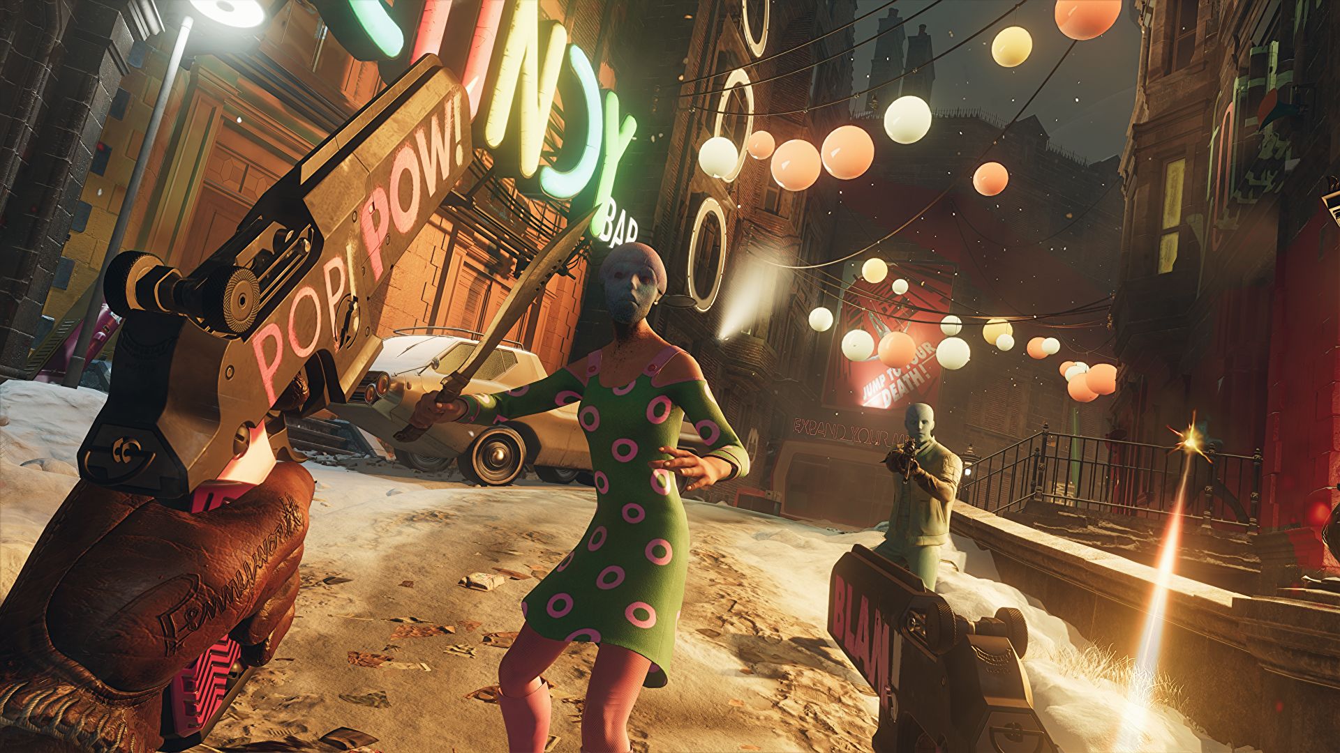 Screenshot in first person perspective of Colt dual wielding guns while he attacks an enemy in Deathloop