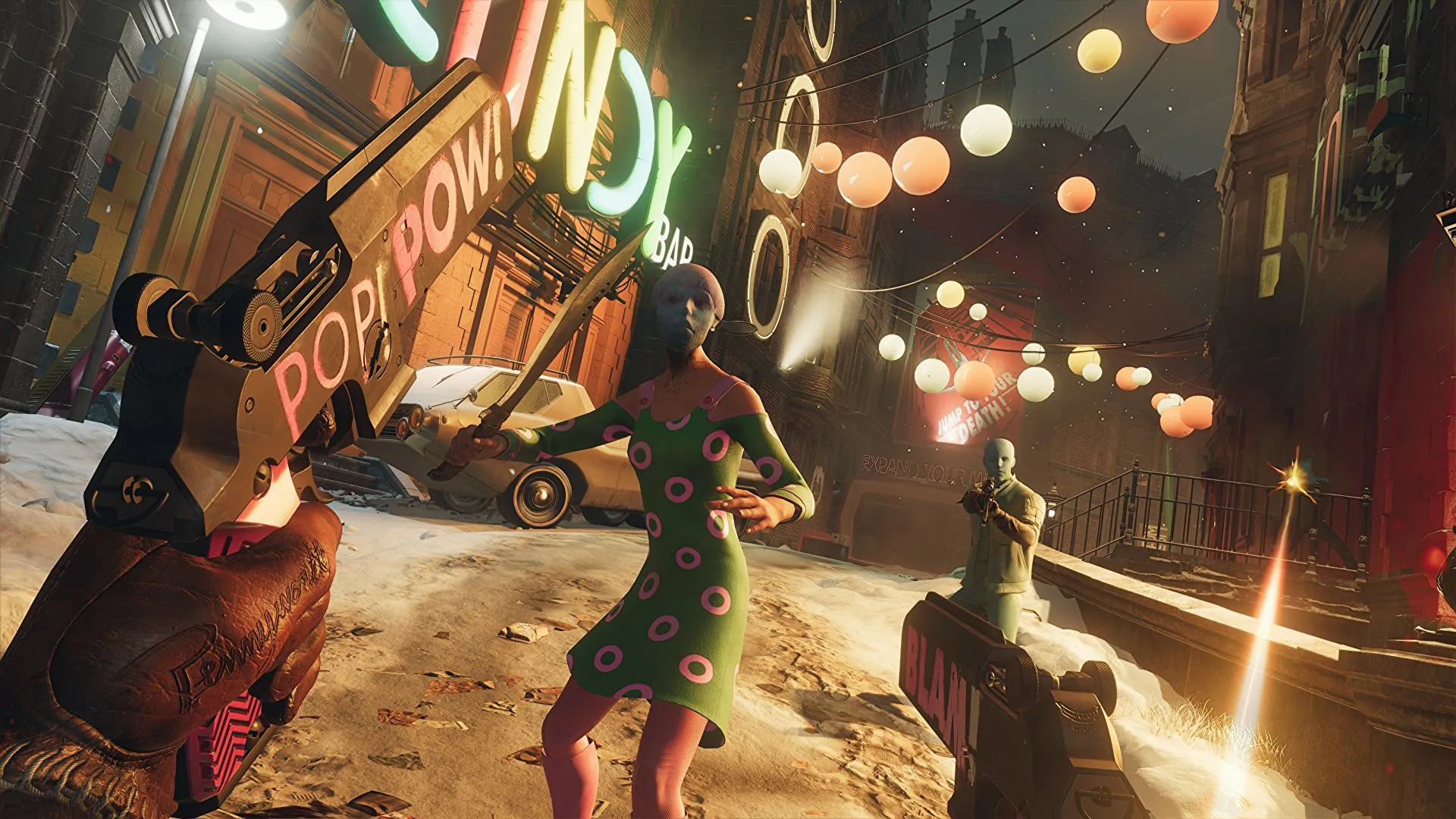 Screenshot in first person perspective of Colt dual wielding guns while he attacks an enemy in Deathloop