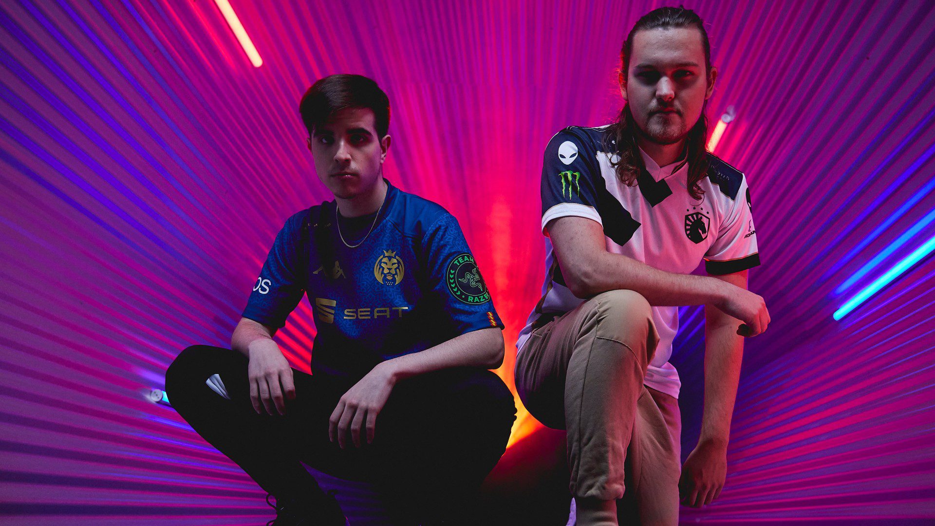 Players from MAD Lions and Team Liquid, two teams in the EU vs NA war at Worlds
