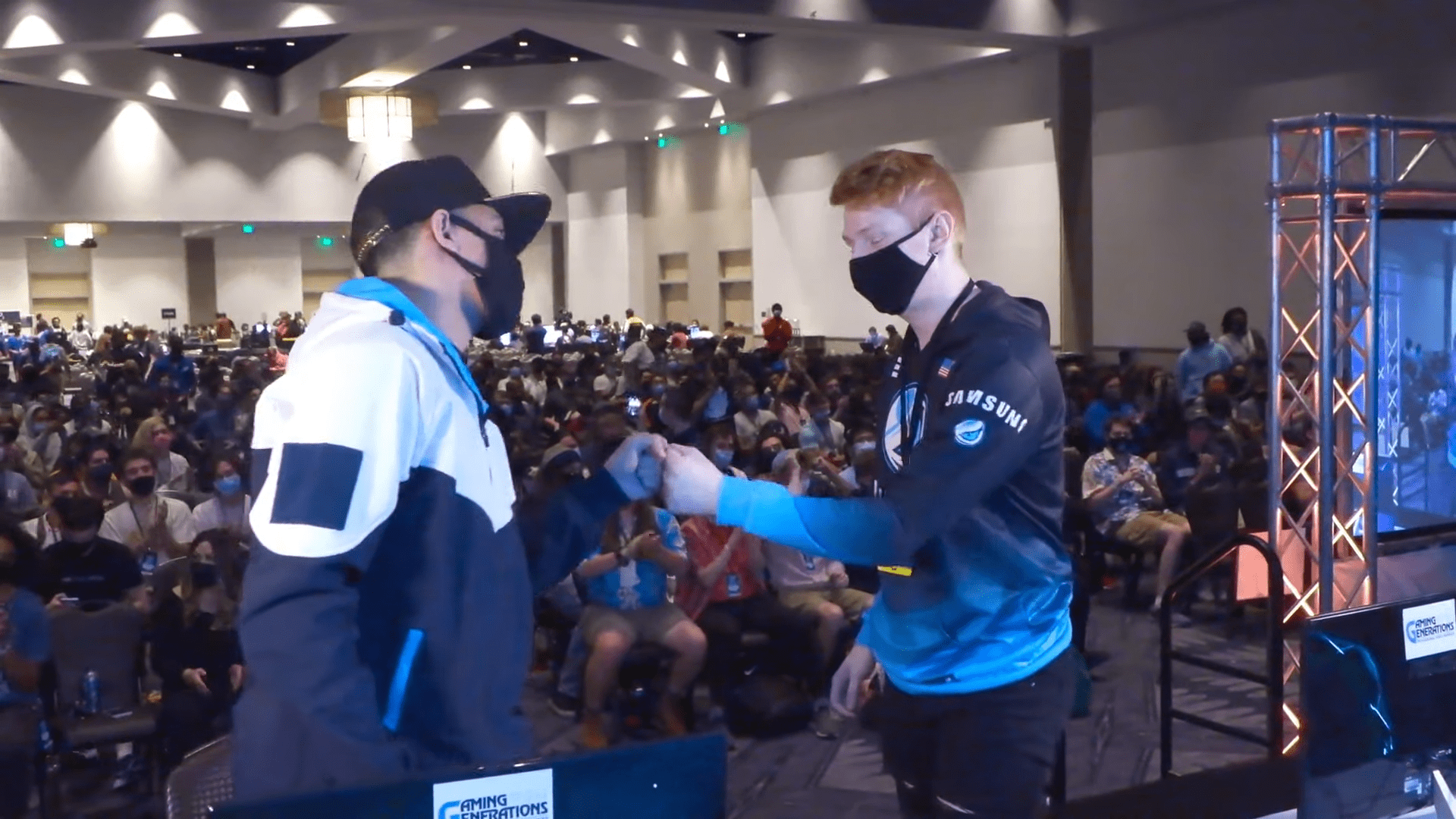 Ginger fist bumps Axe after winning Low Tide City Melee Singles.