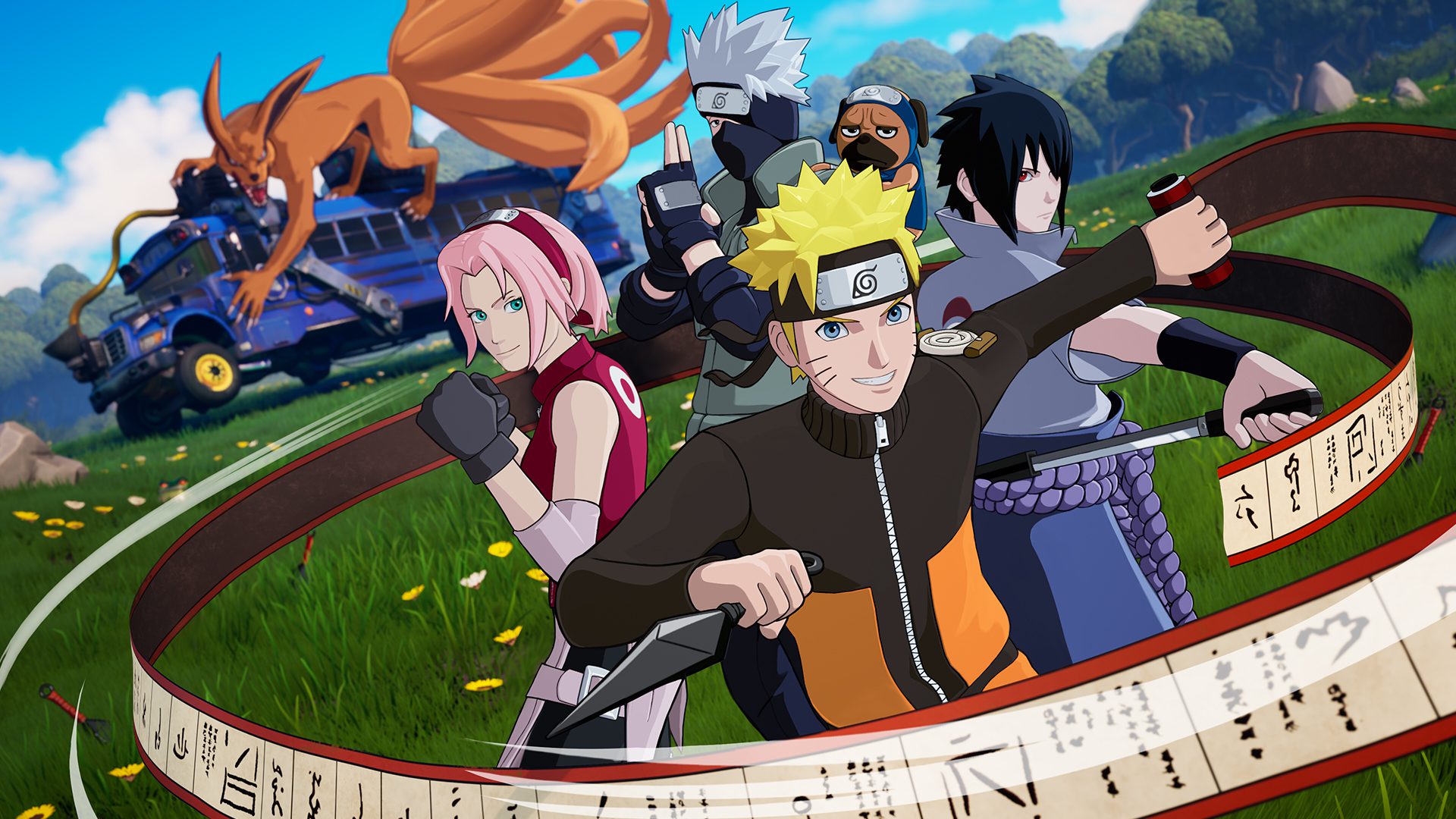 The Naruto X Fortnite promo art featuring all of Team 7