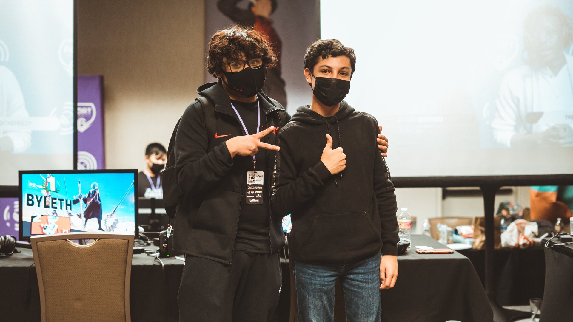 MkLeo and Sparg0 pose after grand finals of Port Priority 6.