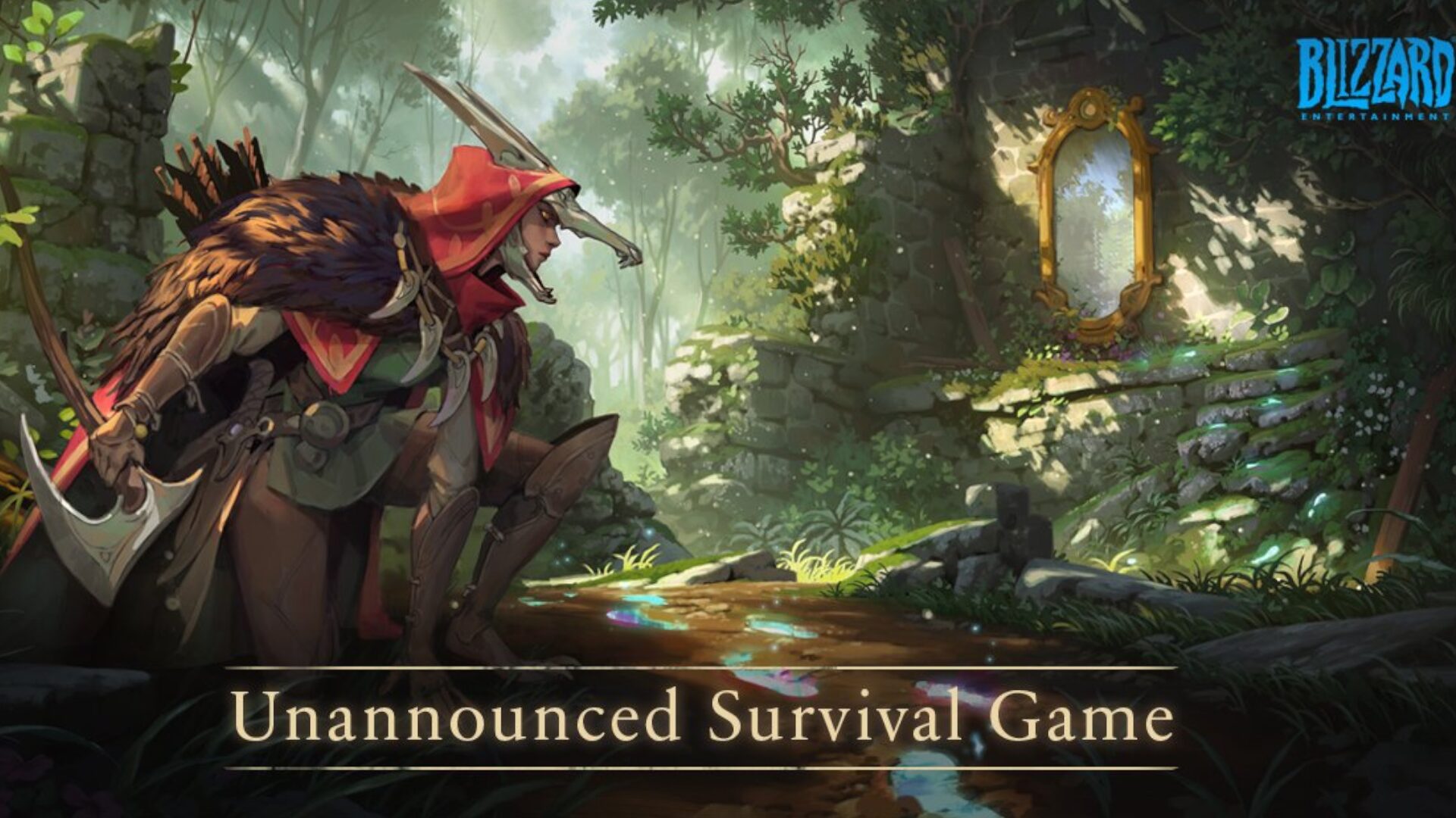 Blizzard new survival game art: a man crouching in the forest