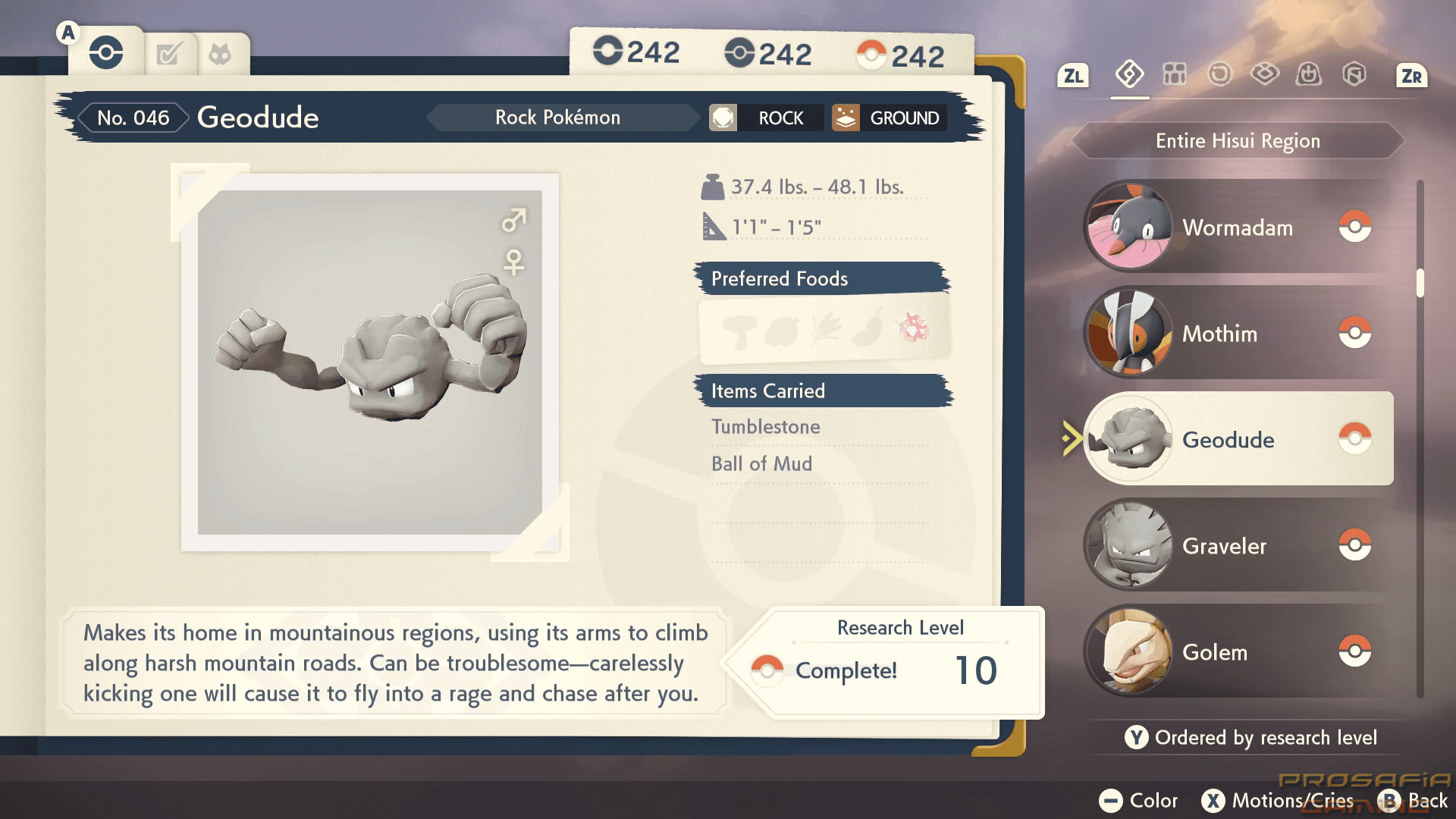 Geodude's Pokédex entry. Geodude is necessary for Radisa's A Perfect Pickling Stone request in Pokémon Legends: Arceus..