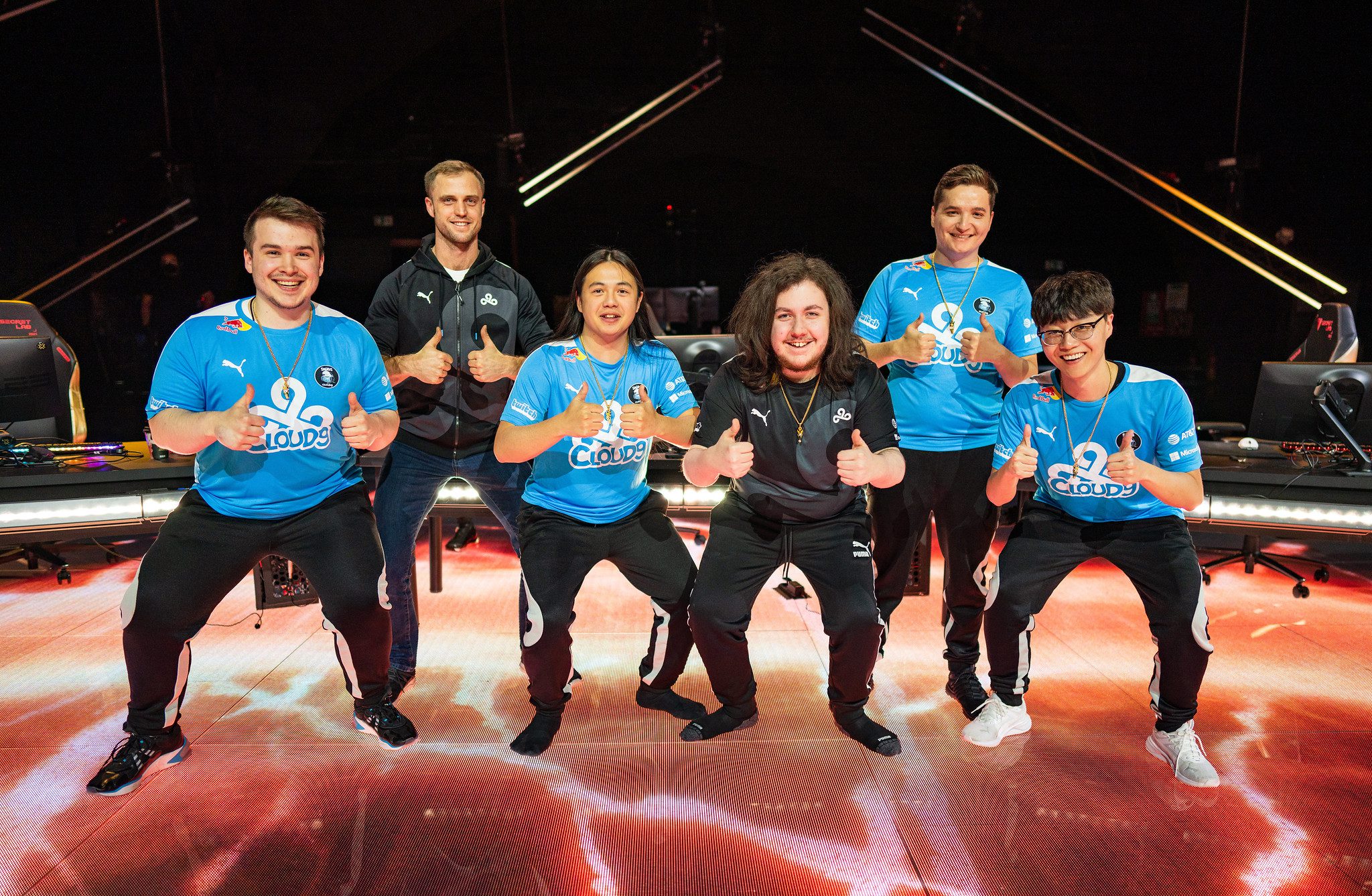 Cloud 9, the last North American VCT team at Champions, poses on stage after a victory match at the VALORANT Champions Groups Stage on December 5, 2021 in Potsdam, Germany