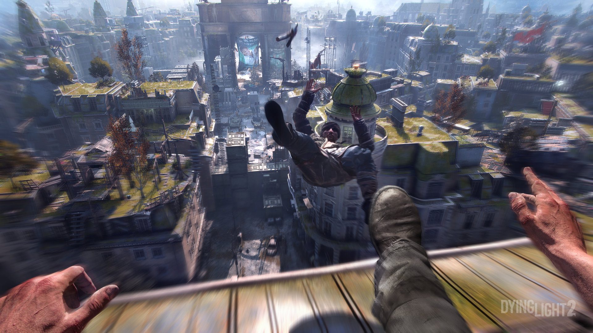 Dying Light 2 Stay Human pov of someone looking over a ledge at the city below