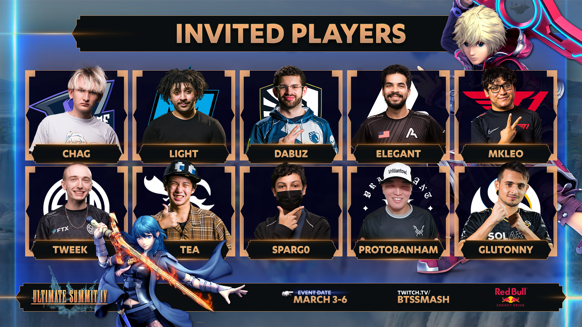 A graphic depicting the invited and qualified players for Smash Ultimate Summit 4.