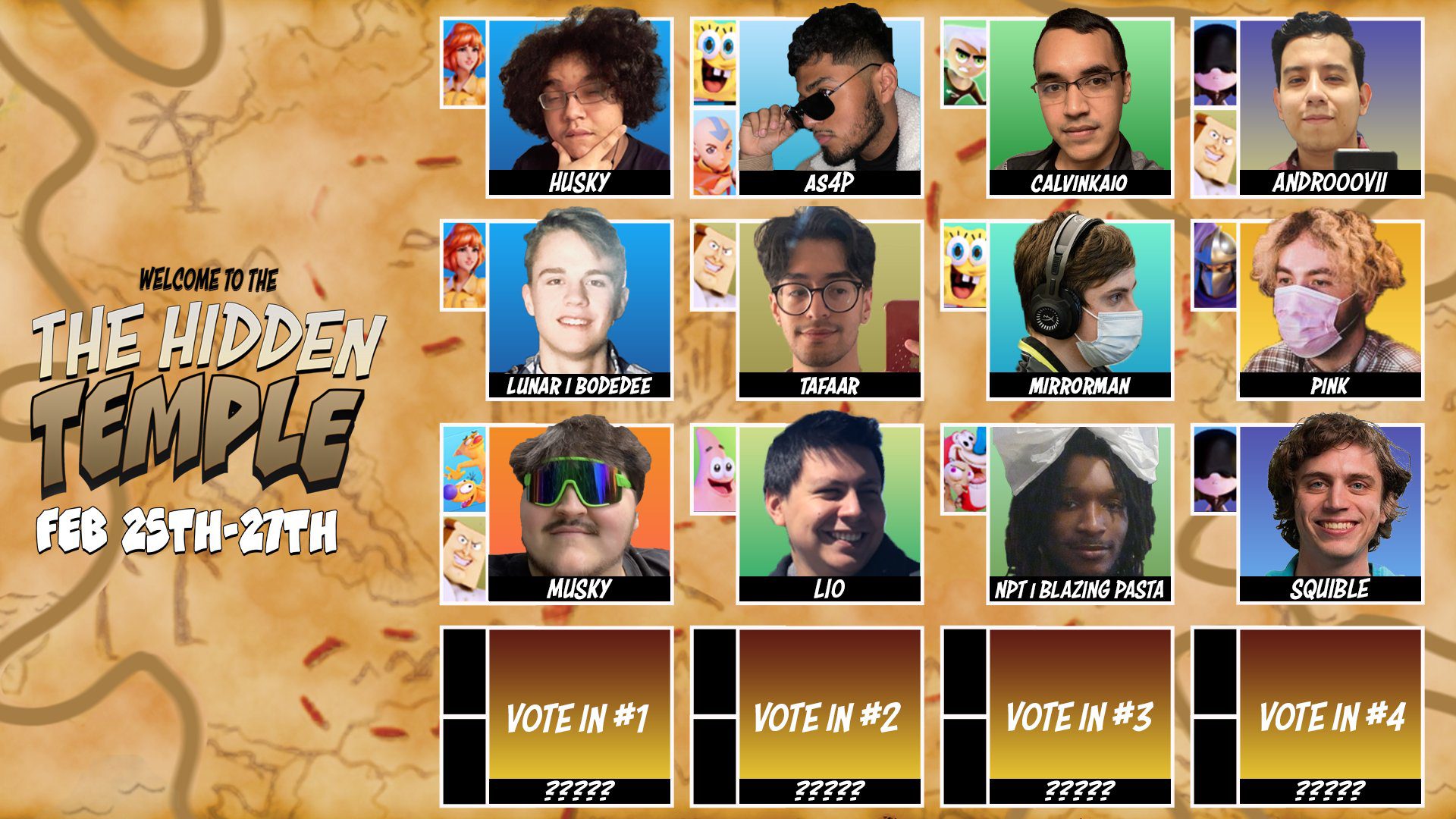 A graphic showing the eight invited players and four qualified players for The Hidden Temple.