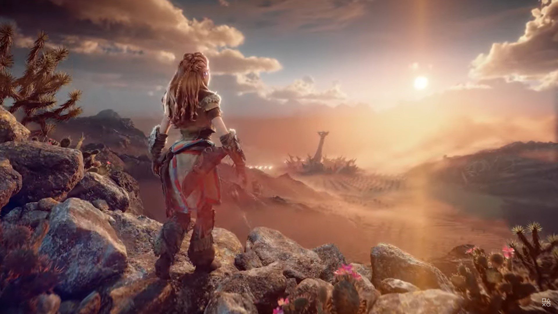 Horizon Forbidden West character on horse looking at the sunset