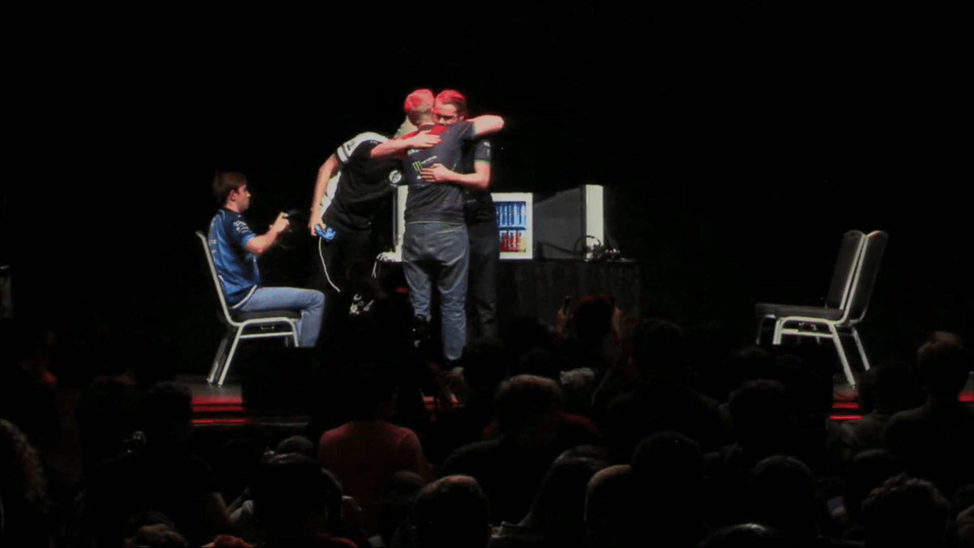 Armada and Android embrace following their Melee Doubles victory at Genesis 4.