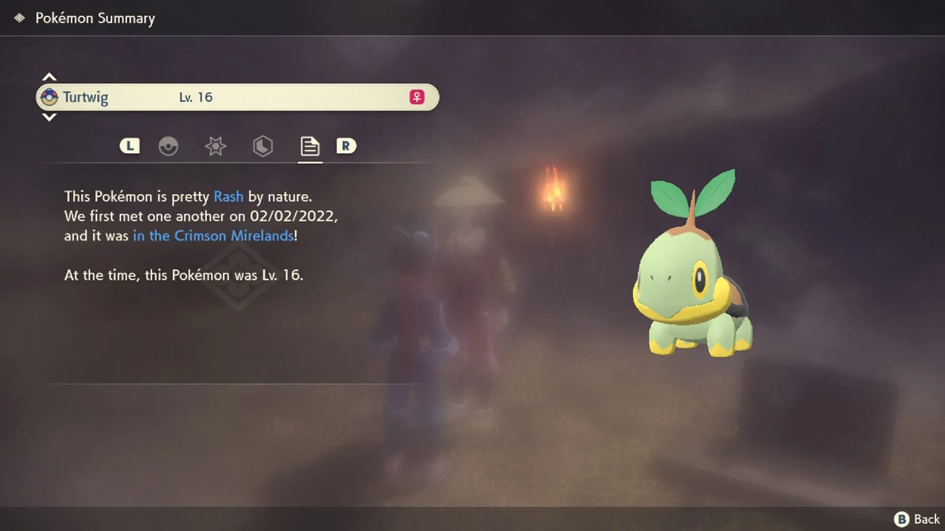 A level 16 Turtwig captured in Pokémon Legends: Arceus.