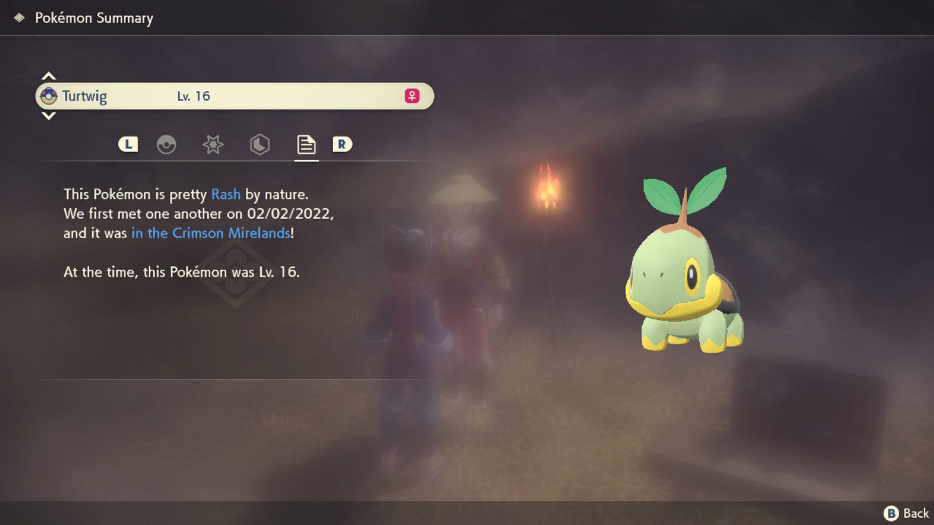 A level 16 Turtwig captured in Pokémon Legends: Arceus.