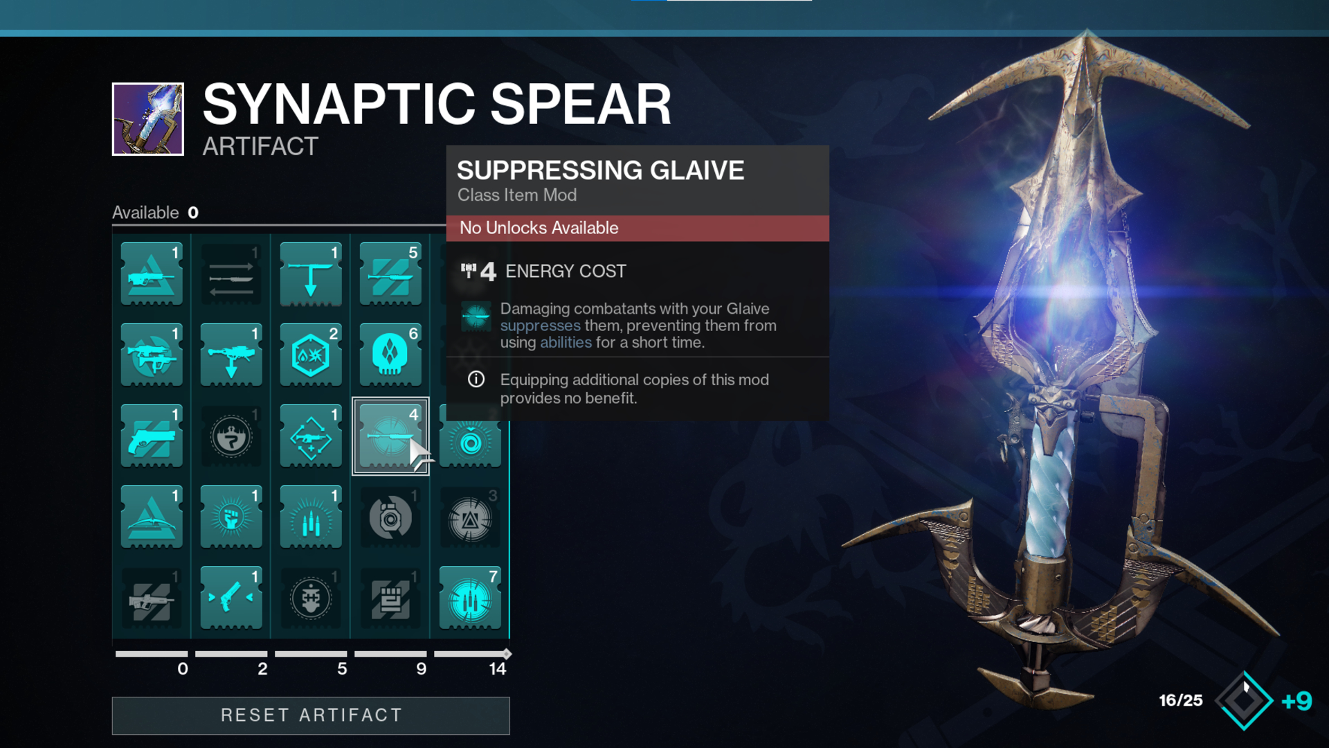 The Snaptic Spear menu for the Hunter in Void 3.0