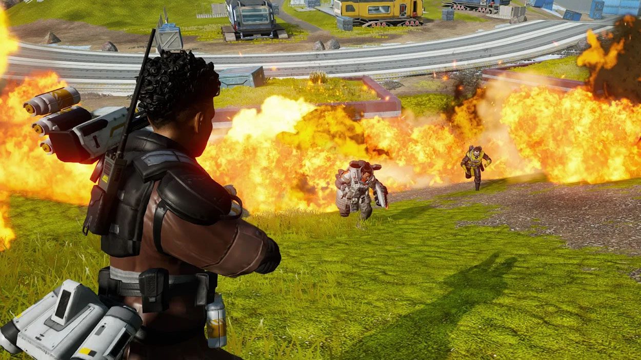 an over-the-shoulder shot of Bangalore facing two enemies for Apex Legends Mobile