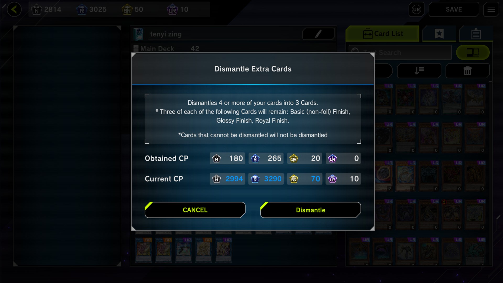 The screen to dismantle cards in Yu-Gi-Oh! Master Duel