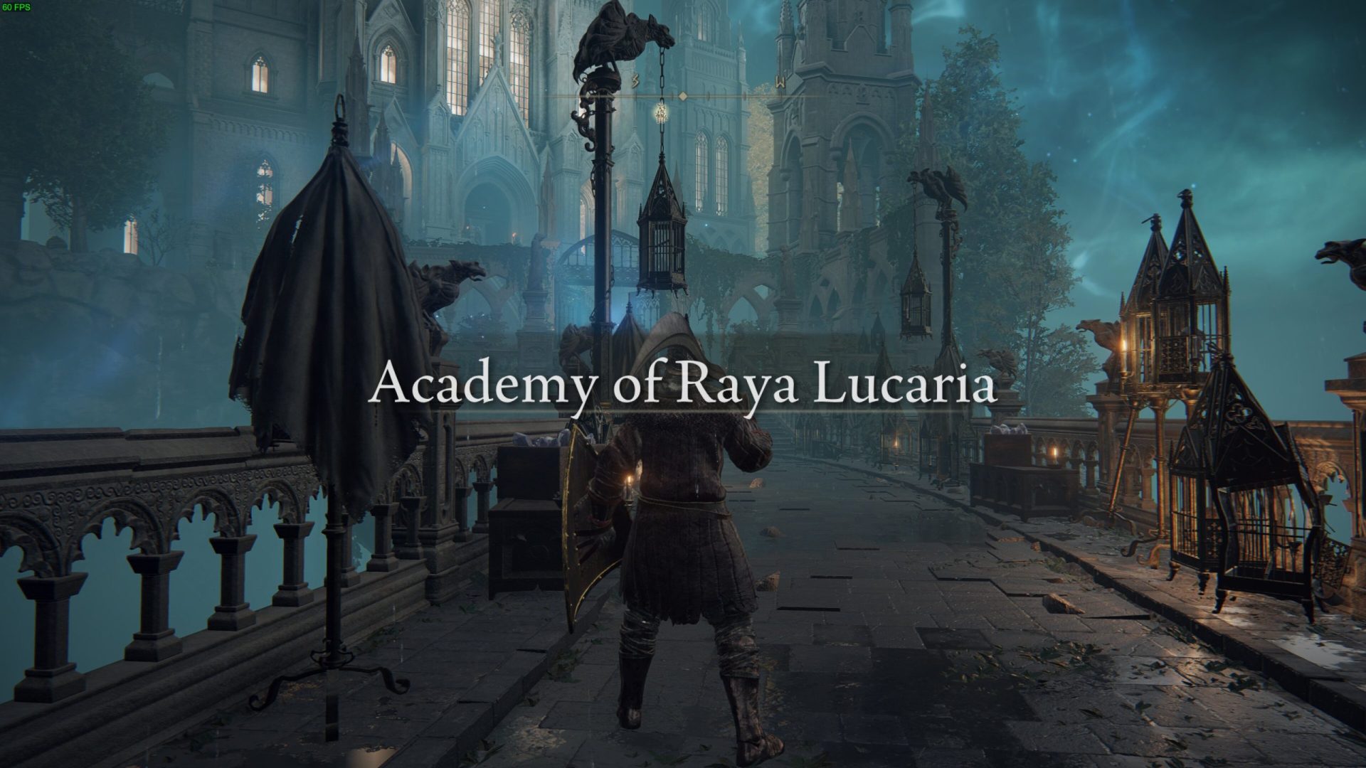 words Academy of Ray Lucaria superimposed ove a photo of the Academy in Elden Ring