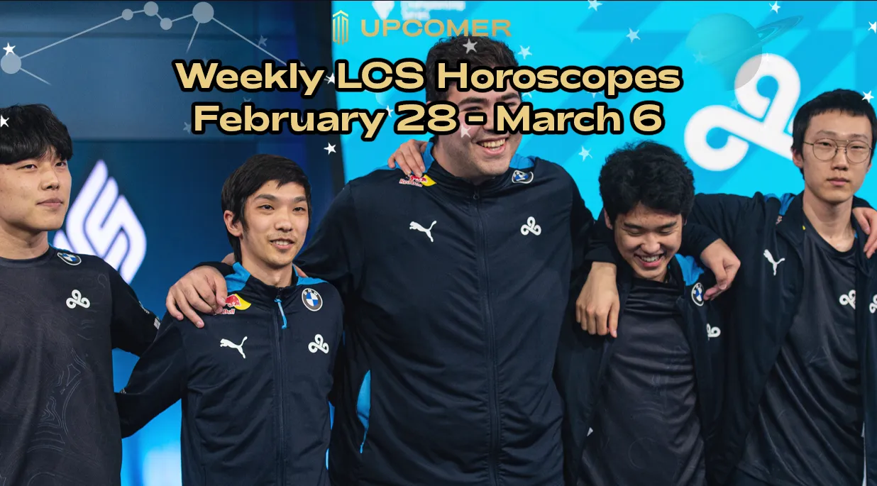 LCS horoscopes text over laid onto a photo of Cloud9
