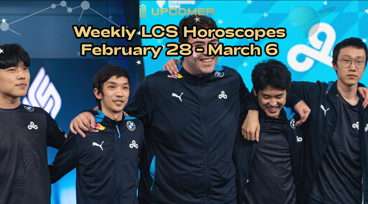 LCS horoscopes text over laid onto a photo of Cloud9