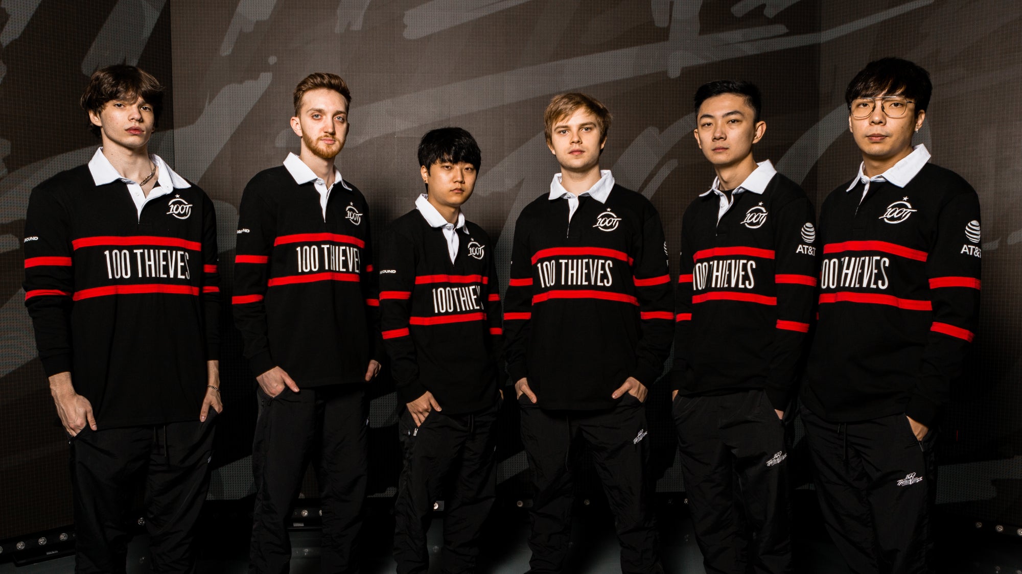 100 Thieves LoL team pose wearing their new jerseys