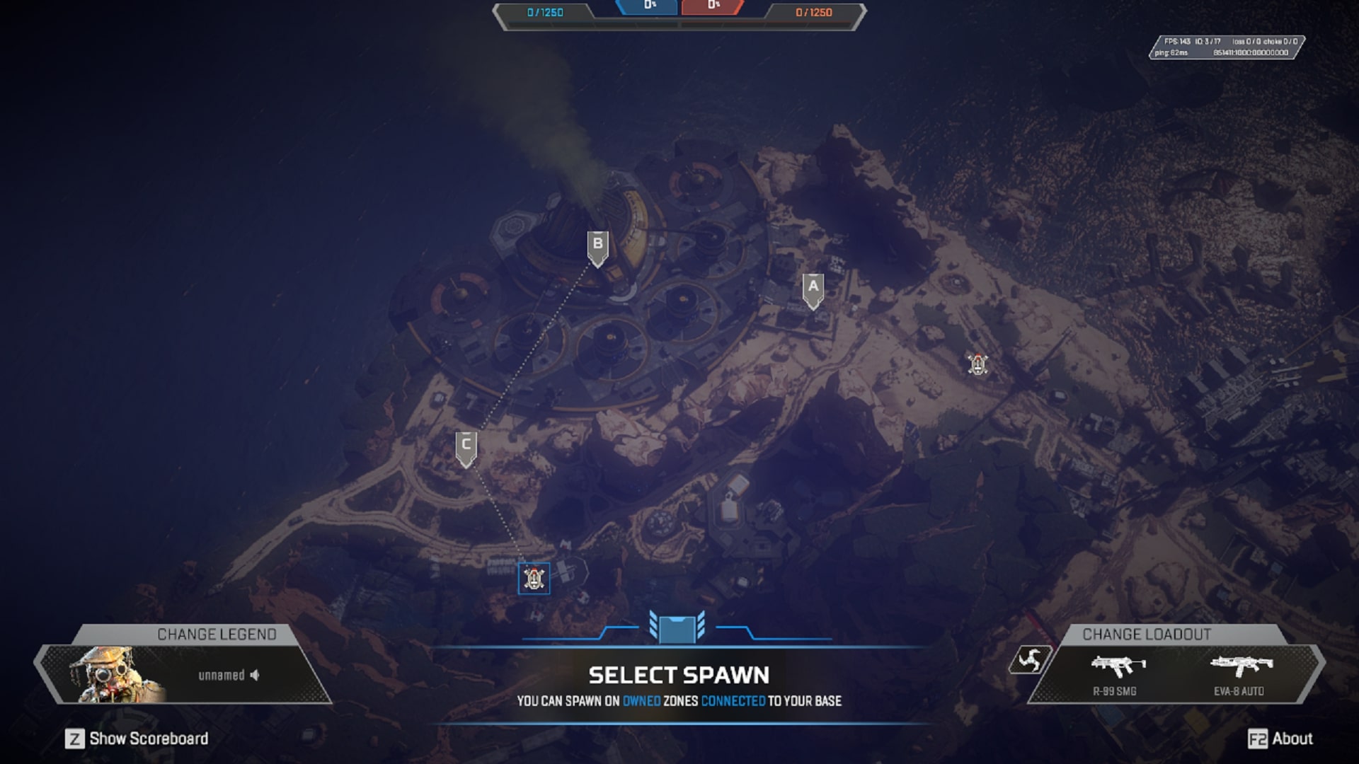 A screen where players can choose where to respawn in Control, a returning mode in the Apex Legends Warriors Collection Event.