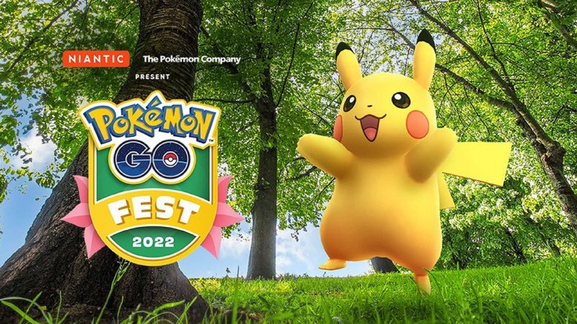 Pikachu cheers next to the logo for Pokémon GO Fest 2022.