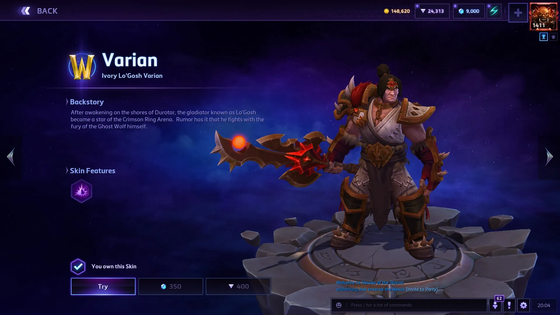 Screenshot featuring the Ivory Lo'Gosh Varian skin