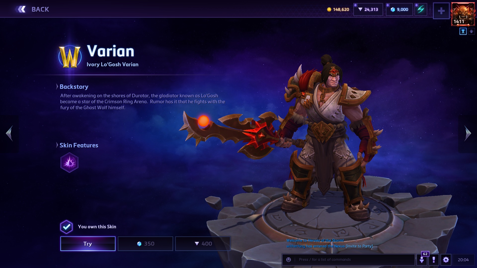 Screenshot featuring the Ivory Lo'Gosh Varian skin