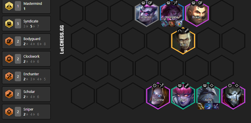 Ashe thrives when she has Syndicate and Sniper champions around her.