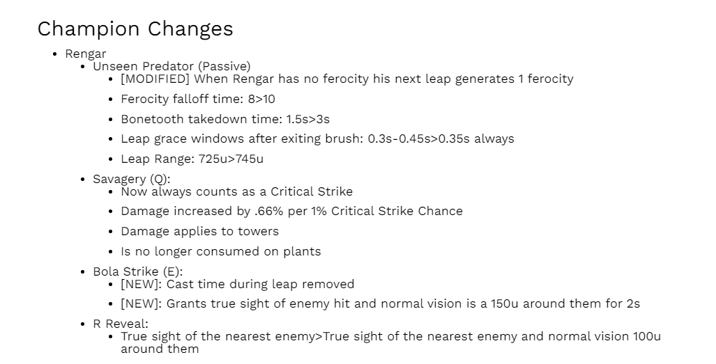 Changes to rengar