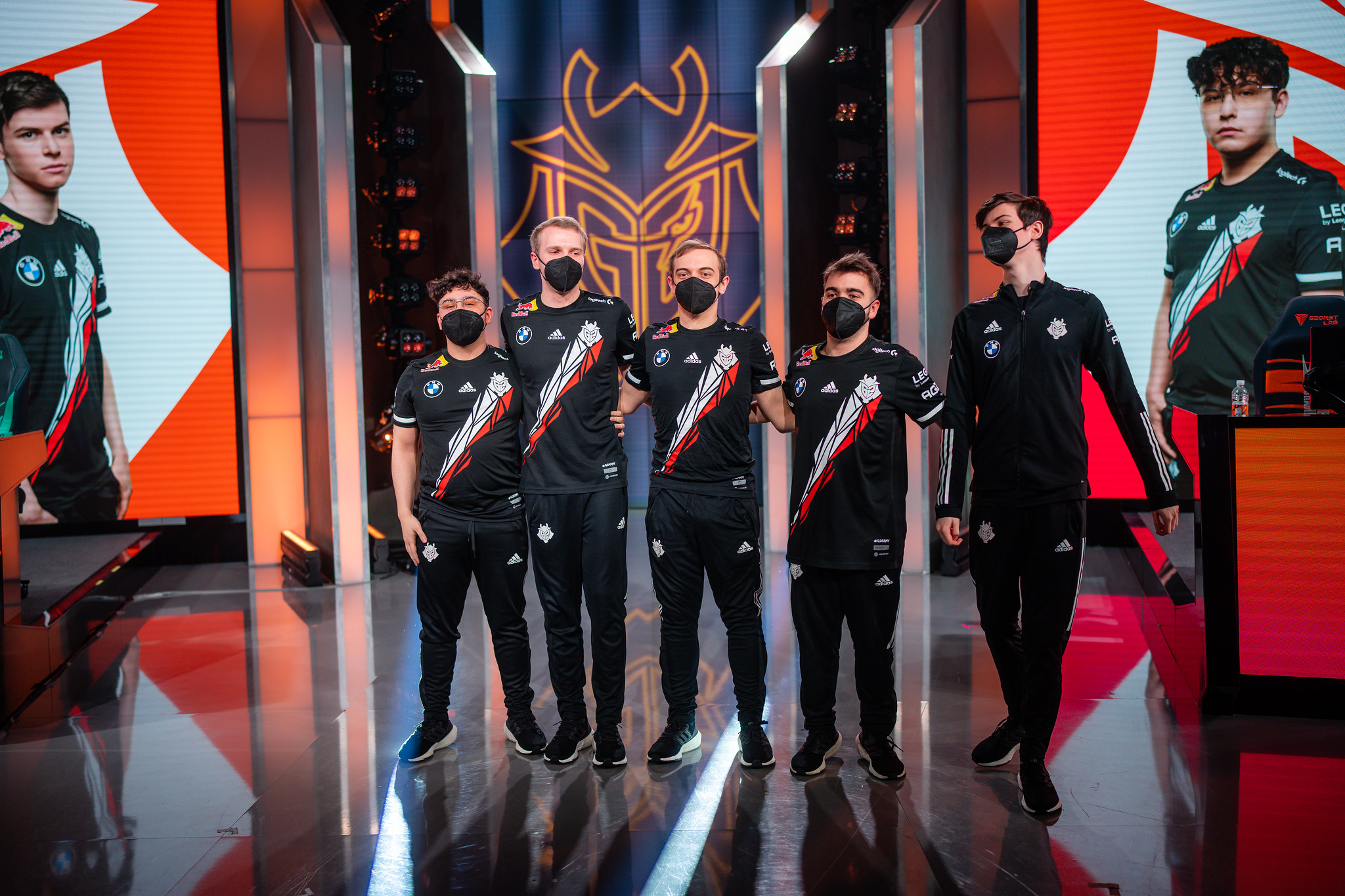 G2 Esports posing after a victory in their LEC playoffs match