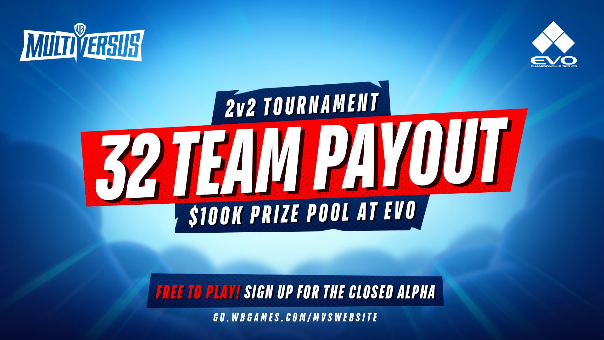 The graphic announcing MultiVersus' appearance at Evo 2022.