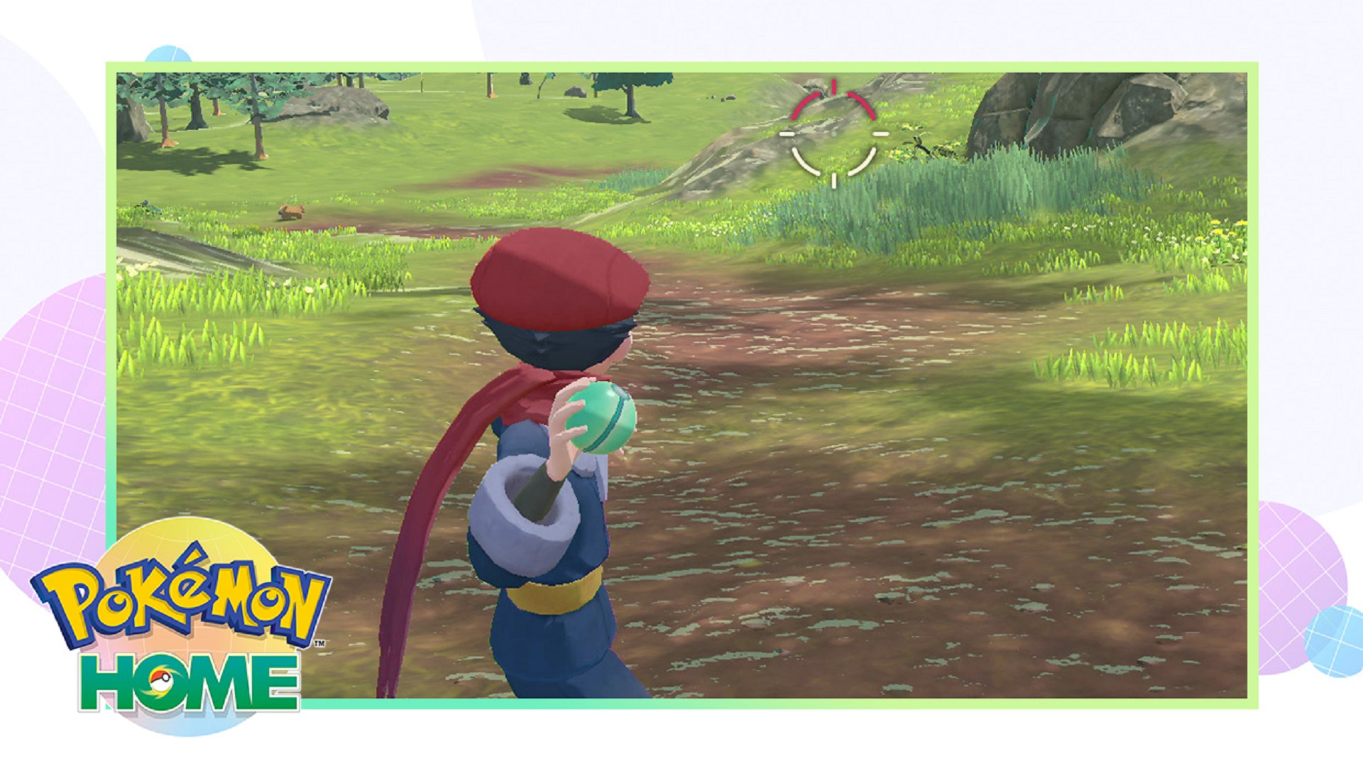 The trainer from Pokémon Legends: Arceus with the Pokémon HOME logo.