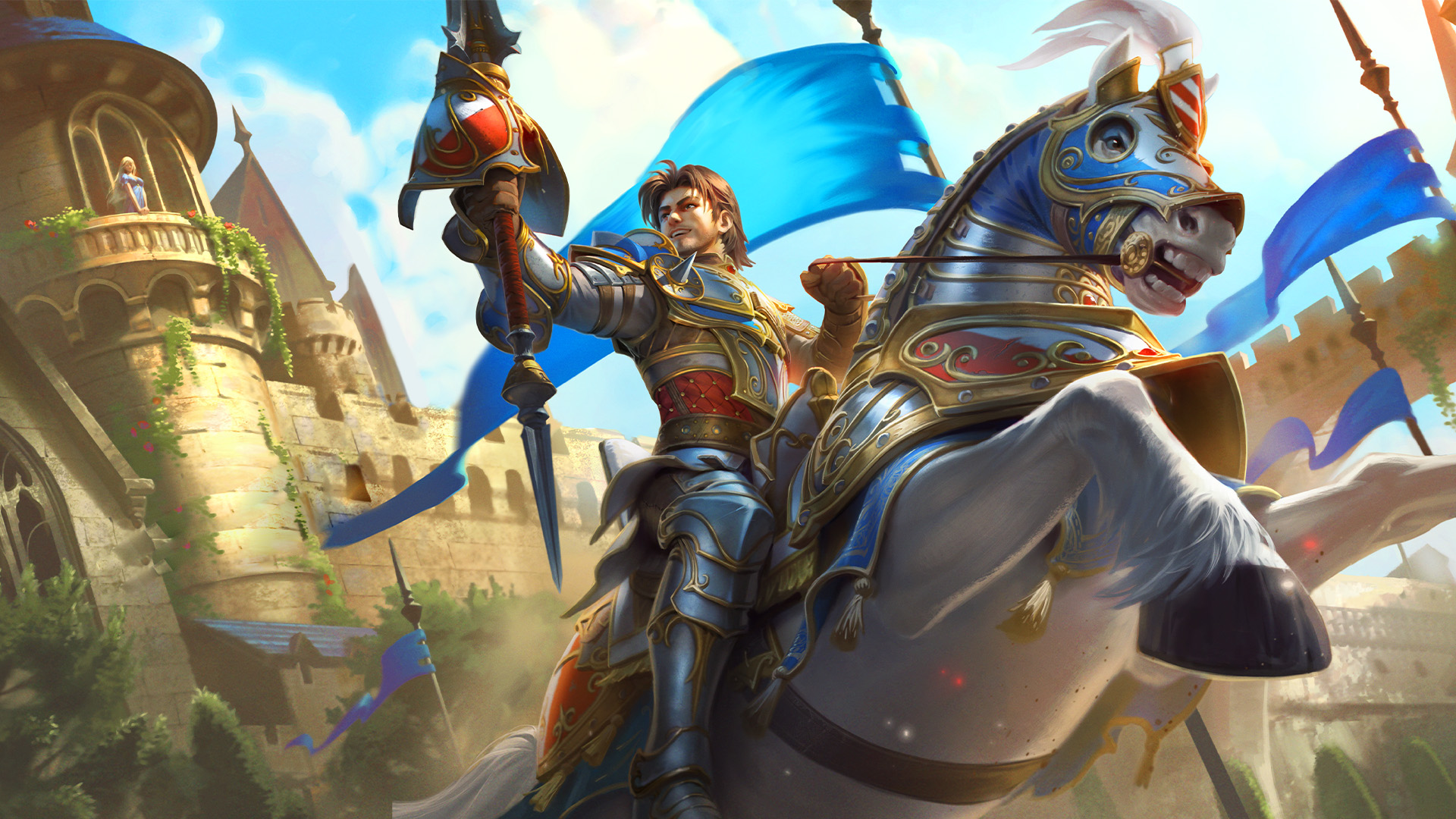 Artwork of Lancelot in SMITE. He is carrying his lance and on his horse.
