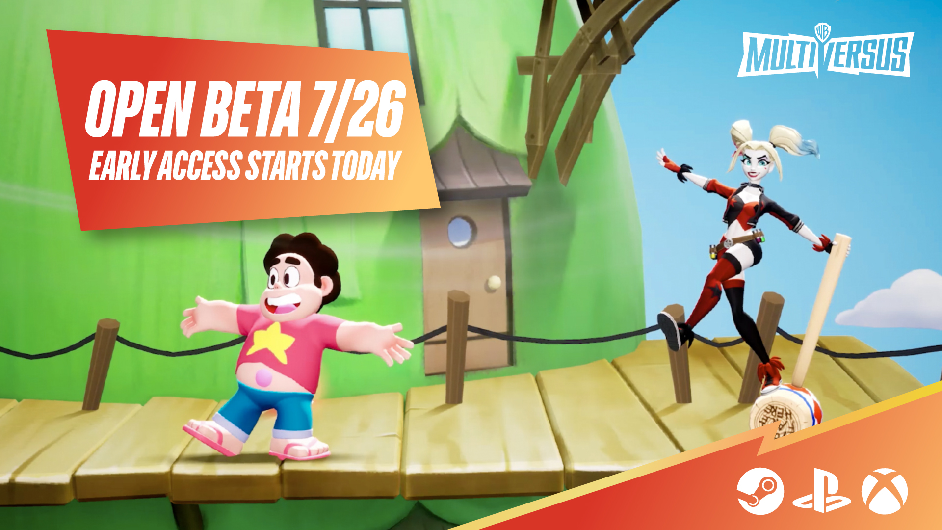 Steven Universe and Harley Quinn in an announcement about MultiVersus early access.