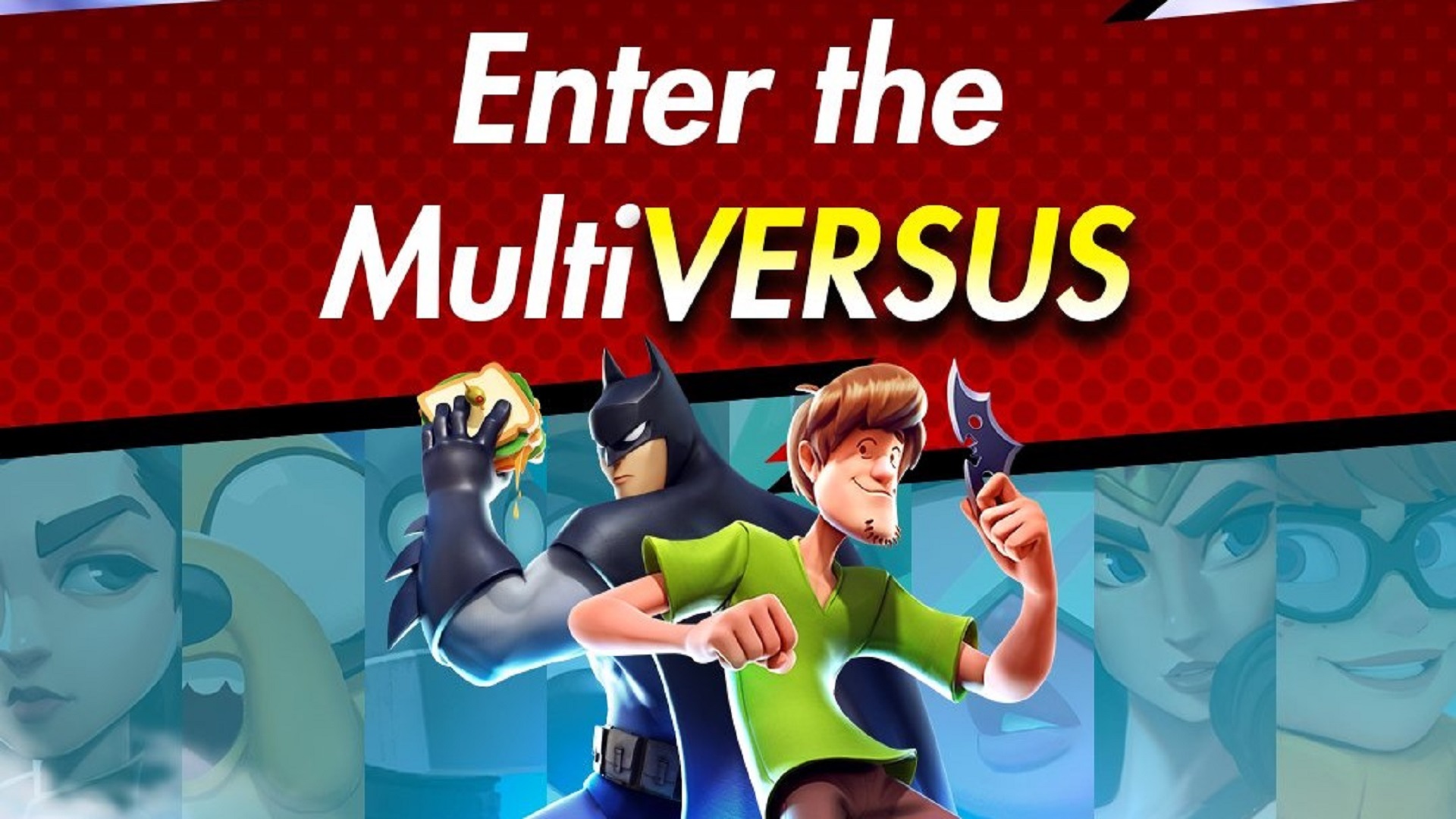 A graphic for competitive MVSGaming MultiVersus Twitter account, featuring Shaggy and Batman.
