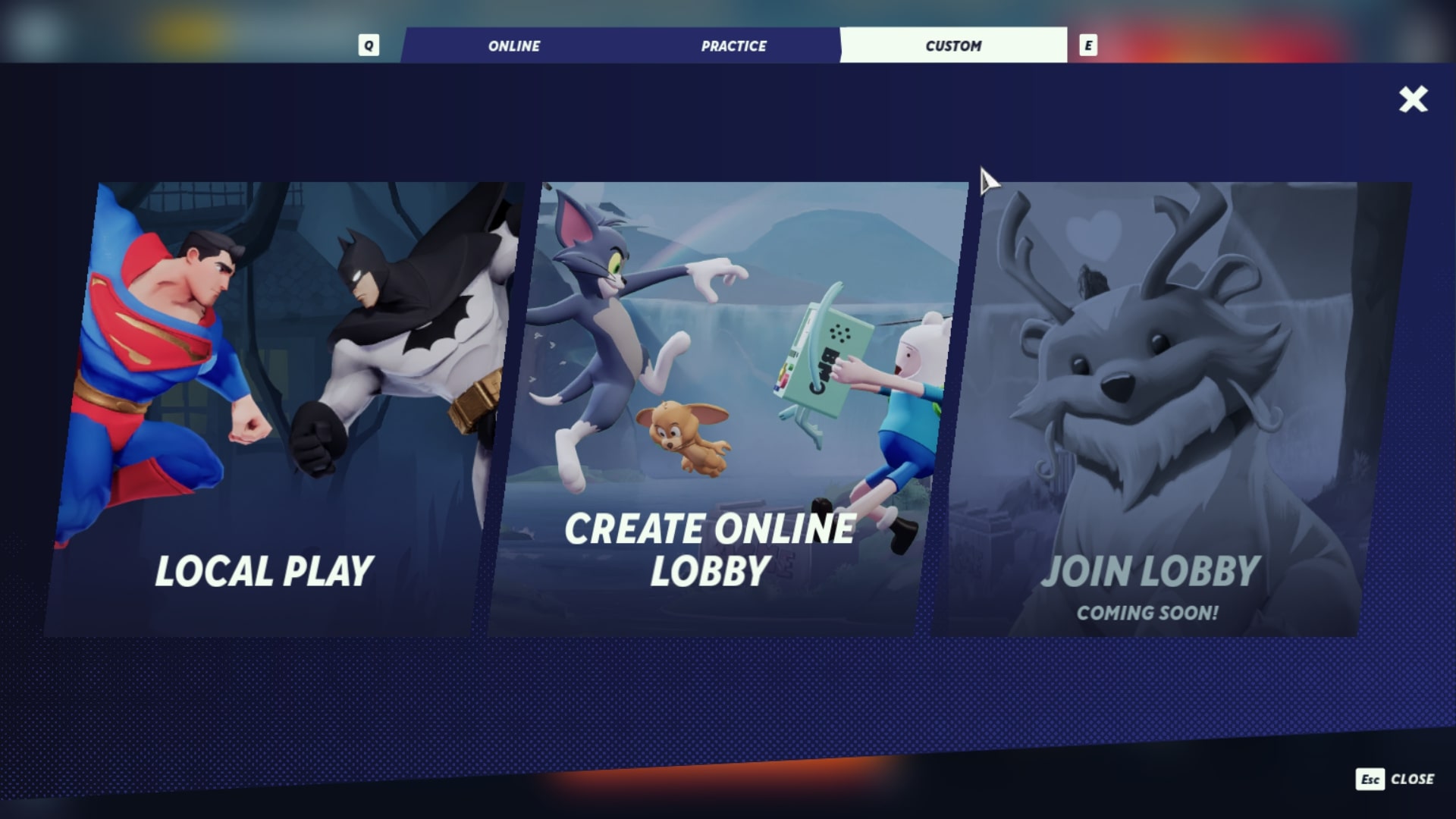 The Custom play tab, where players can 1v1 their friends in MultiVersus online or offline.