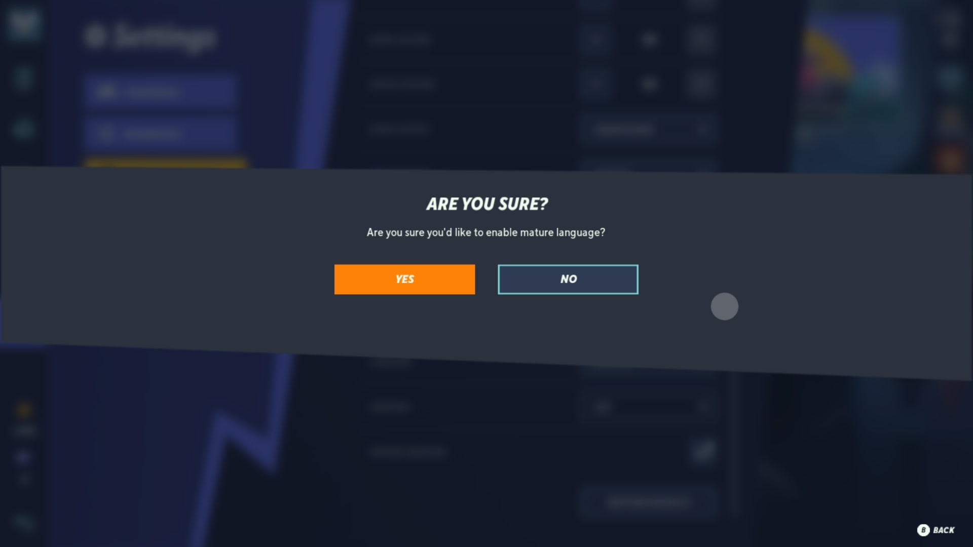 A message asking if the player wants to enable mature language in MultiVersus.