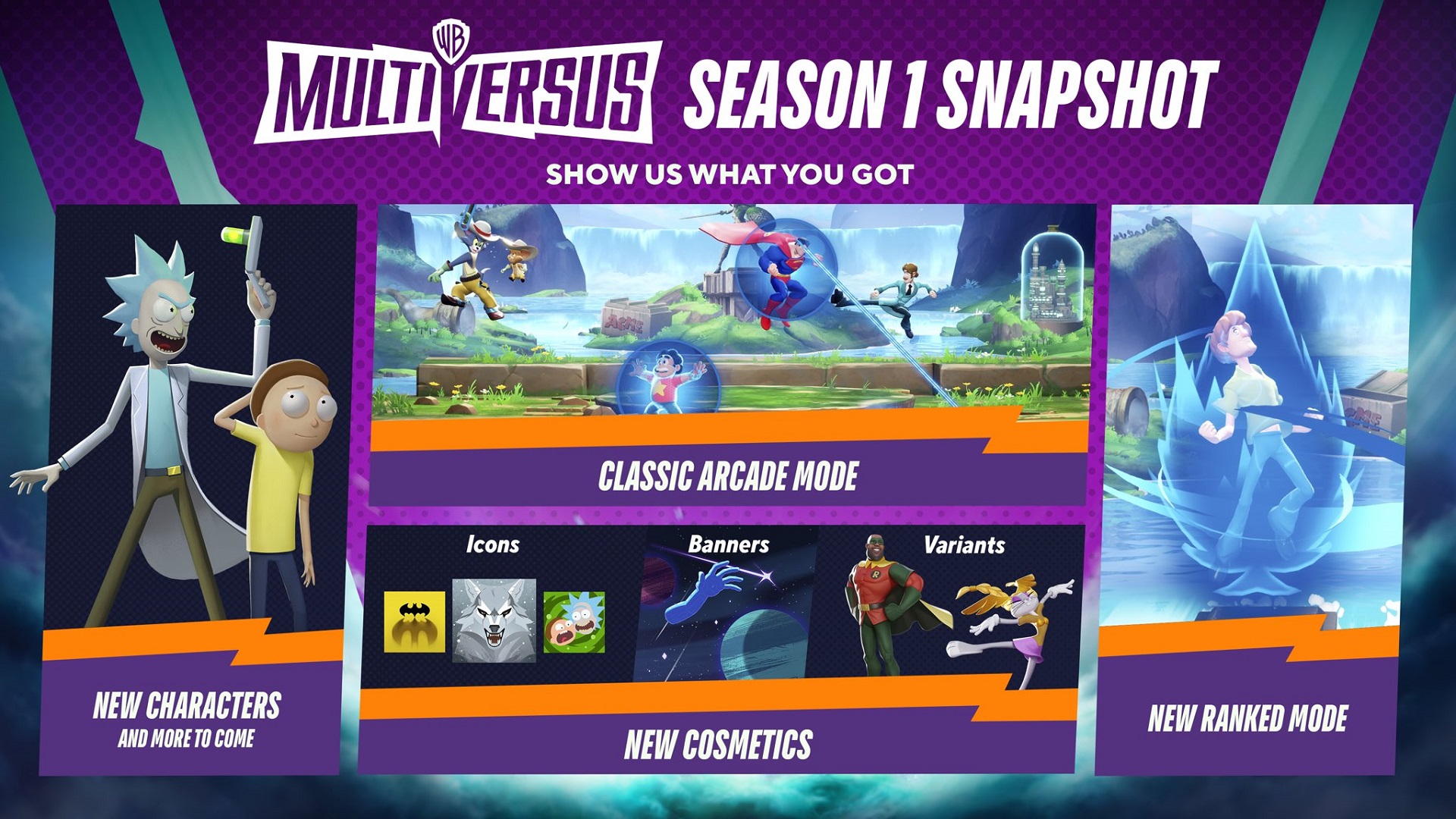 The MultiVersus Season 1 Snapshot graphic, including cosmetics from the battle pass.