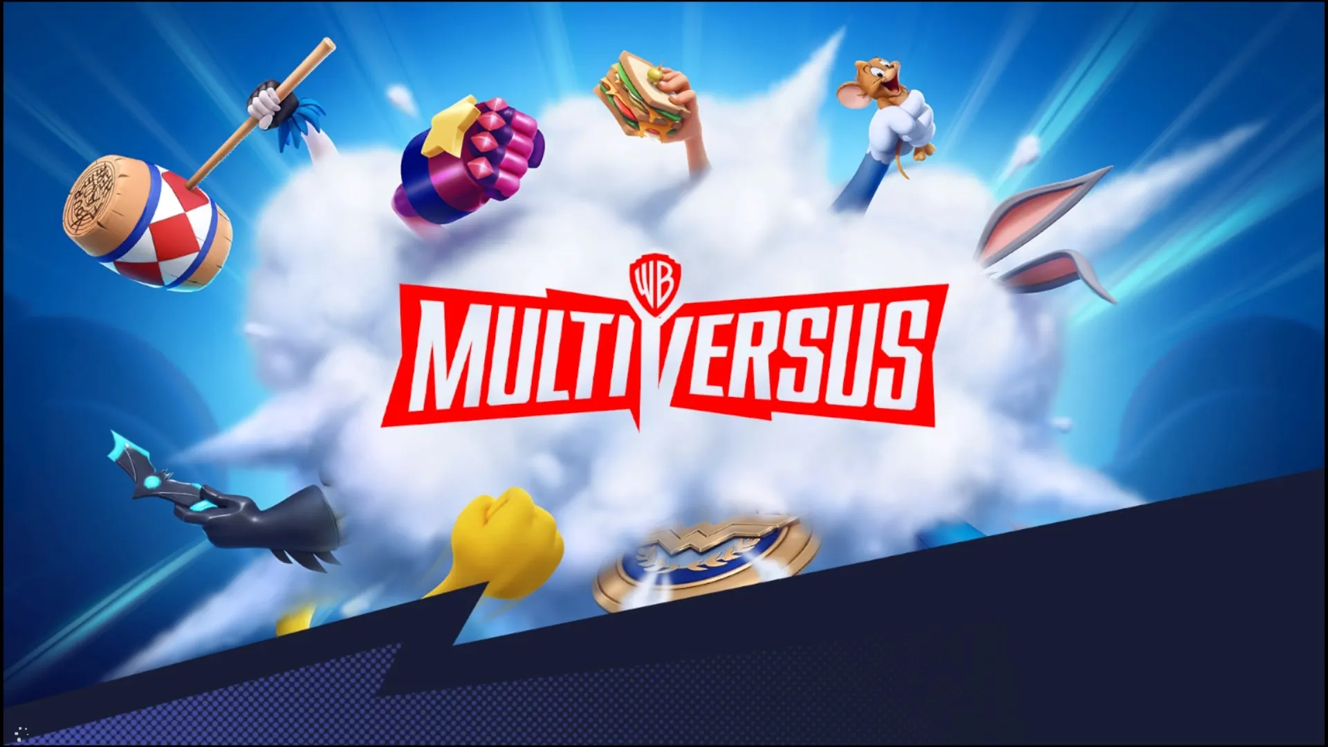 Multiple characters from the MultiVersus roster fight in a pile-up behind the MultiVersus logo.